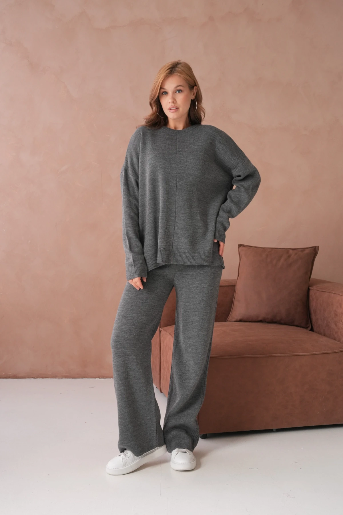 Kadın Bisiklet Yaka Yırtmaçlı Kazak Pantolon İkili Triko Takım