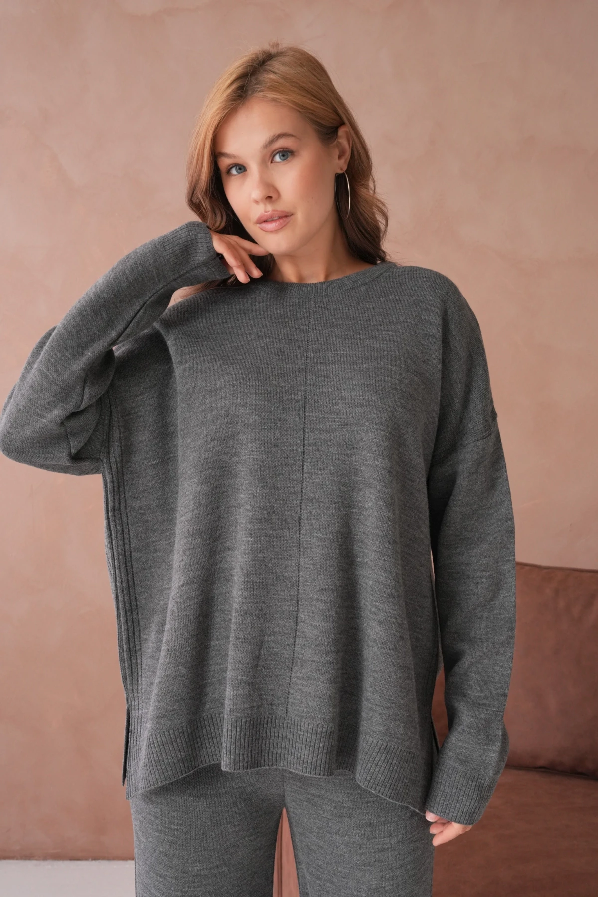 Kadın Bisiklet Yaka Yırtmaçlı Kazak Pantolon İkili Triko Takım