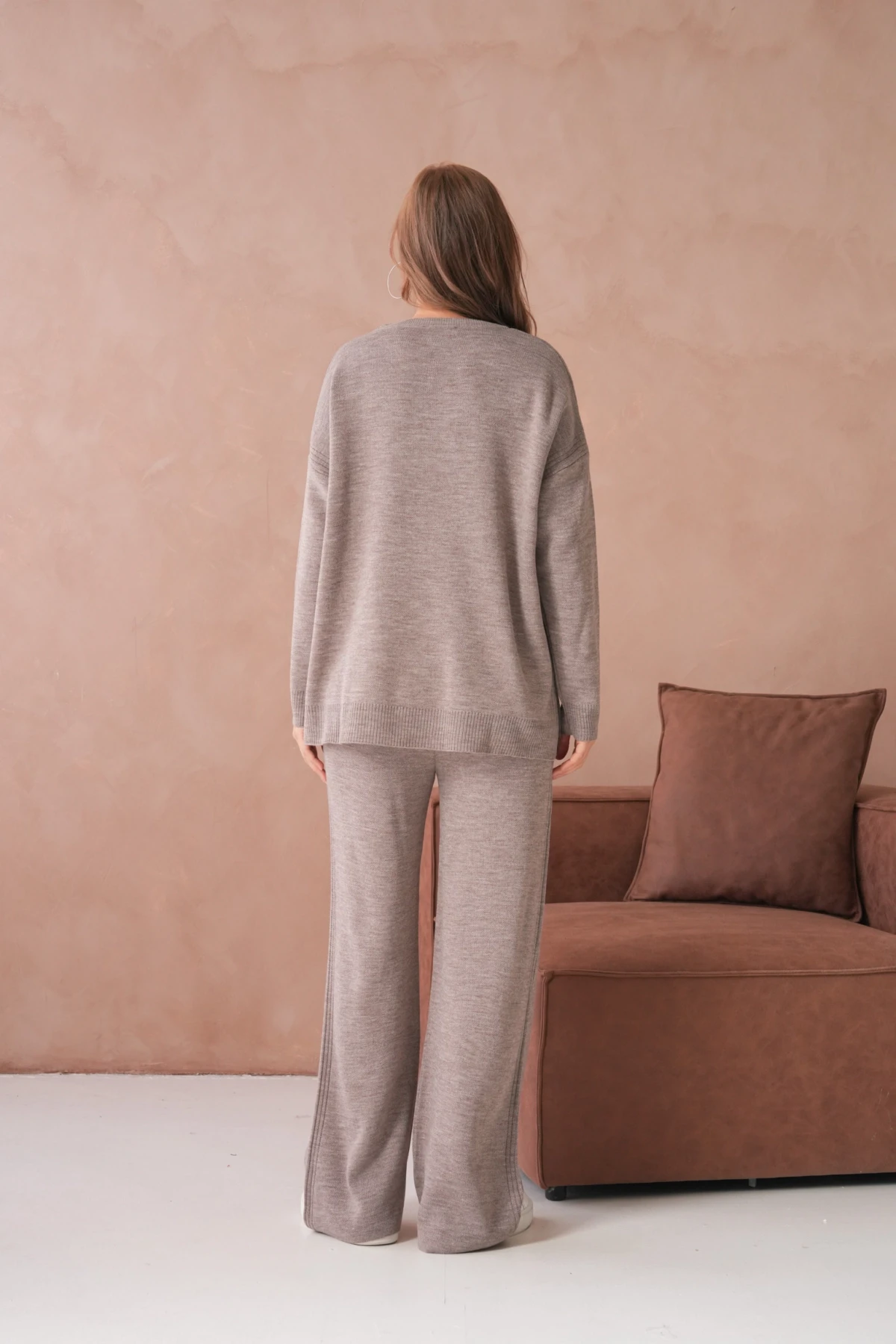 Kadın Bisiklet Yaka Yırtmaçlı Kazak Pantolon İkili Triko Takım