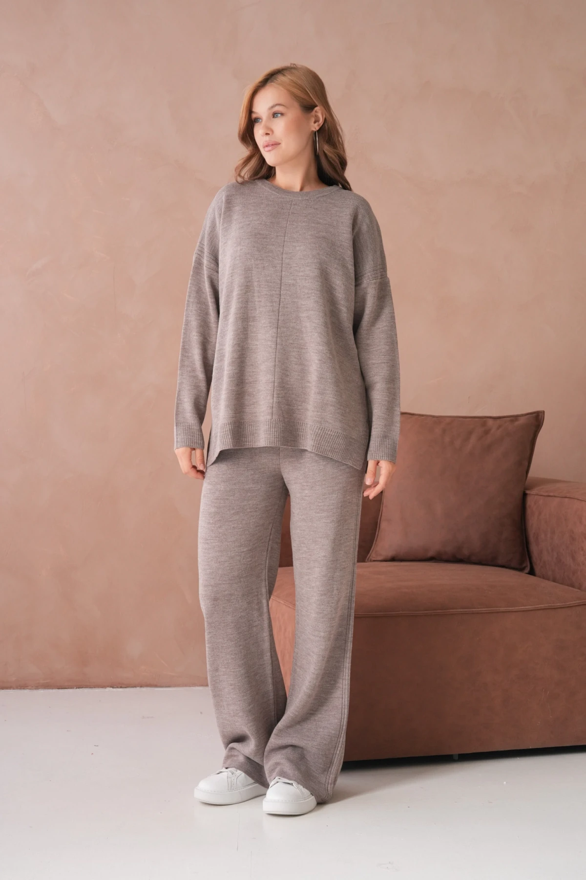 Kadın Bisiklet Yaka Yırtmaçlı Kazak Pantolon İkili Triko Takım