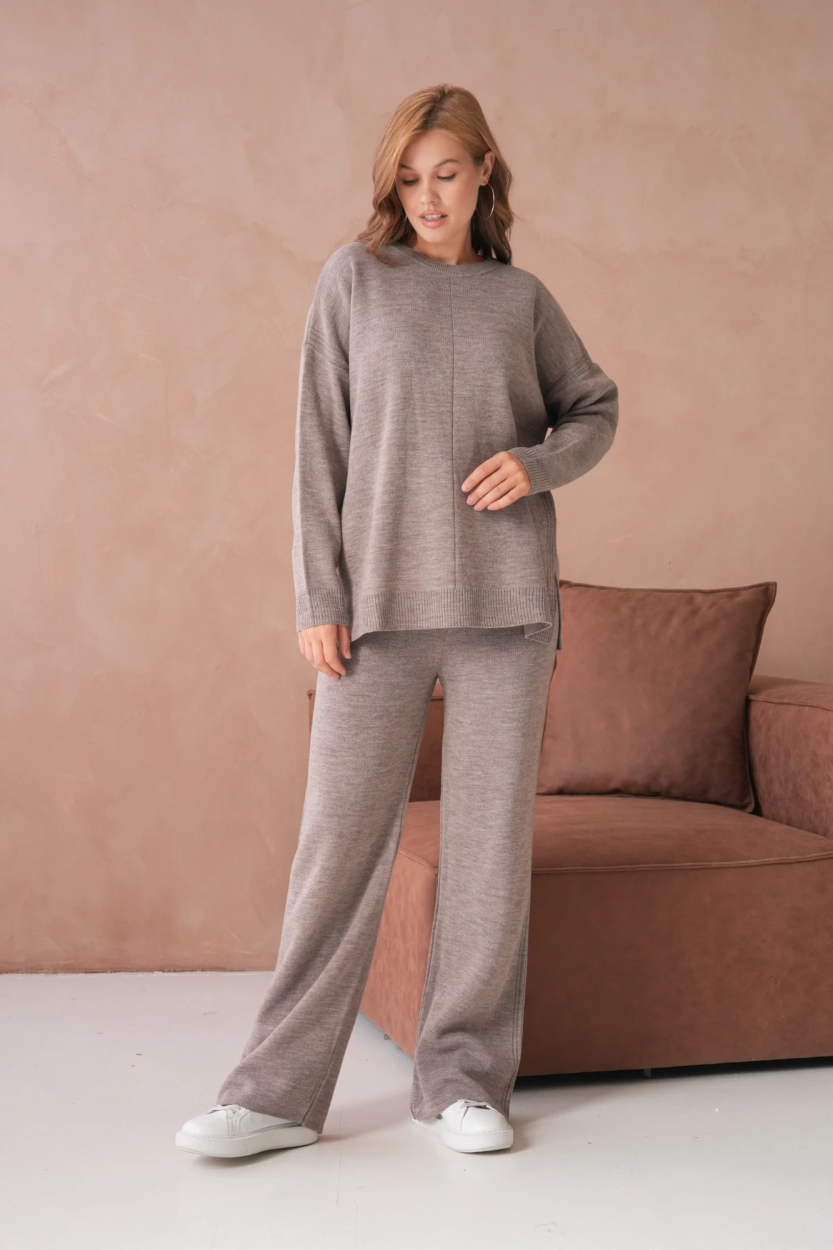 Kadın Bisiklet Yaka Yırtmaçlı Kazak Pantolon İkili Triko Takım