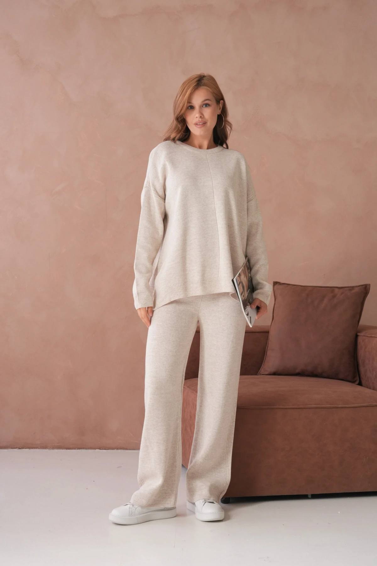 Kadın Bisiklet Yaka Yırtmaçlı Kazak Pantolon İkili Triko Takım