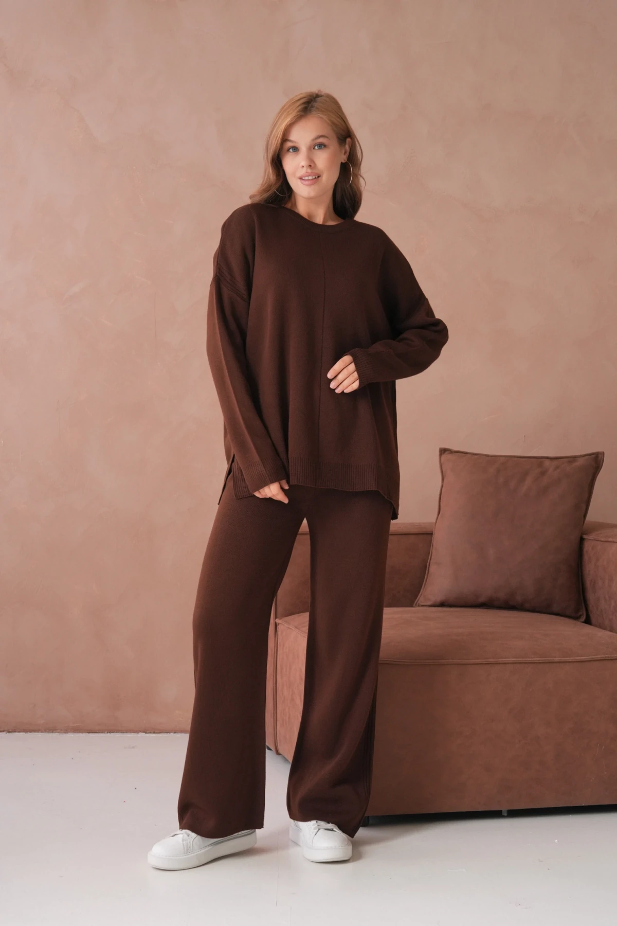 Kadın Bisiklet Yaka Yırtmaçlı Kazak Pantolon İkili Triko Takım