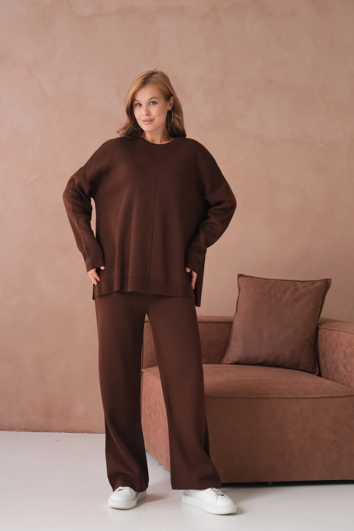 Kadın Bisiklet Yaka Yırtmaçlı Kazak Pantolon İkili Triko Takım