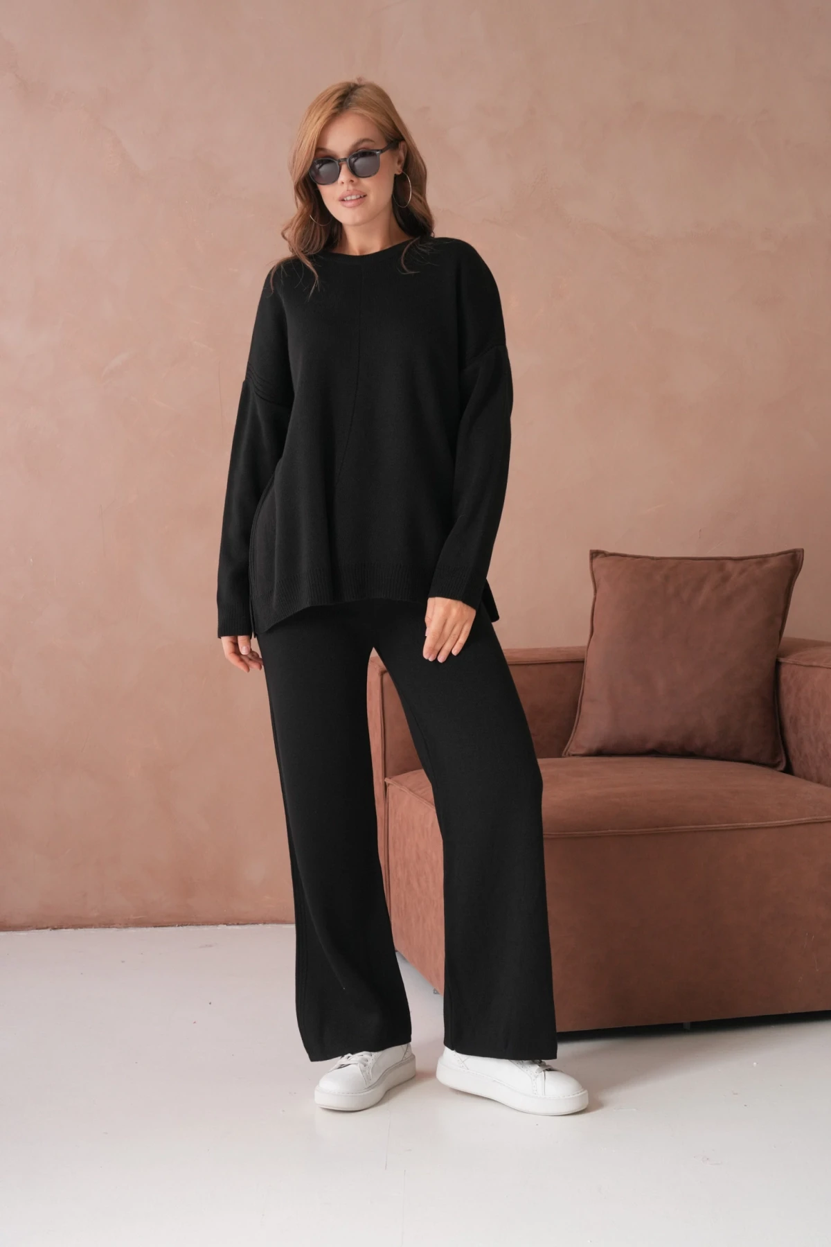 Kadın Bisiklet Yaka Yırtmaçlı Kazak Pantolon İkili Triko Takım