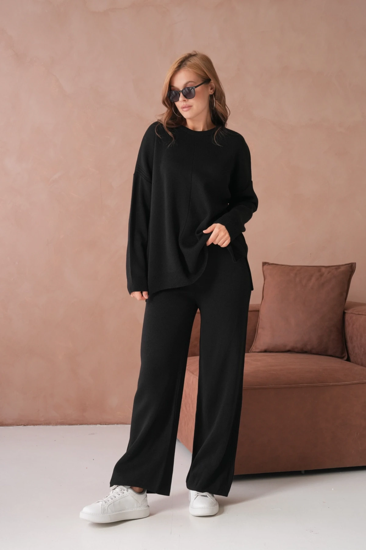 Kadın Bisiklet Yaka Yırtmaçlı Kazak Pantolon İkili Triko Takım