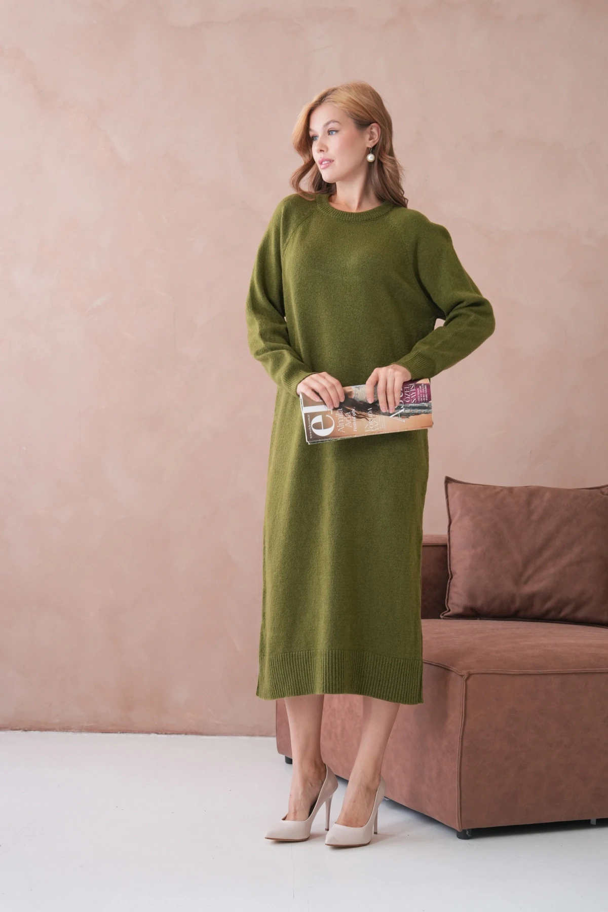 Kadın Bisiklet Yaka Yumuşak Dokulu Maksi Boy Şardonlu Oversize Triko Elbise 8324Sw