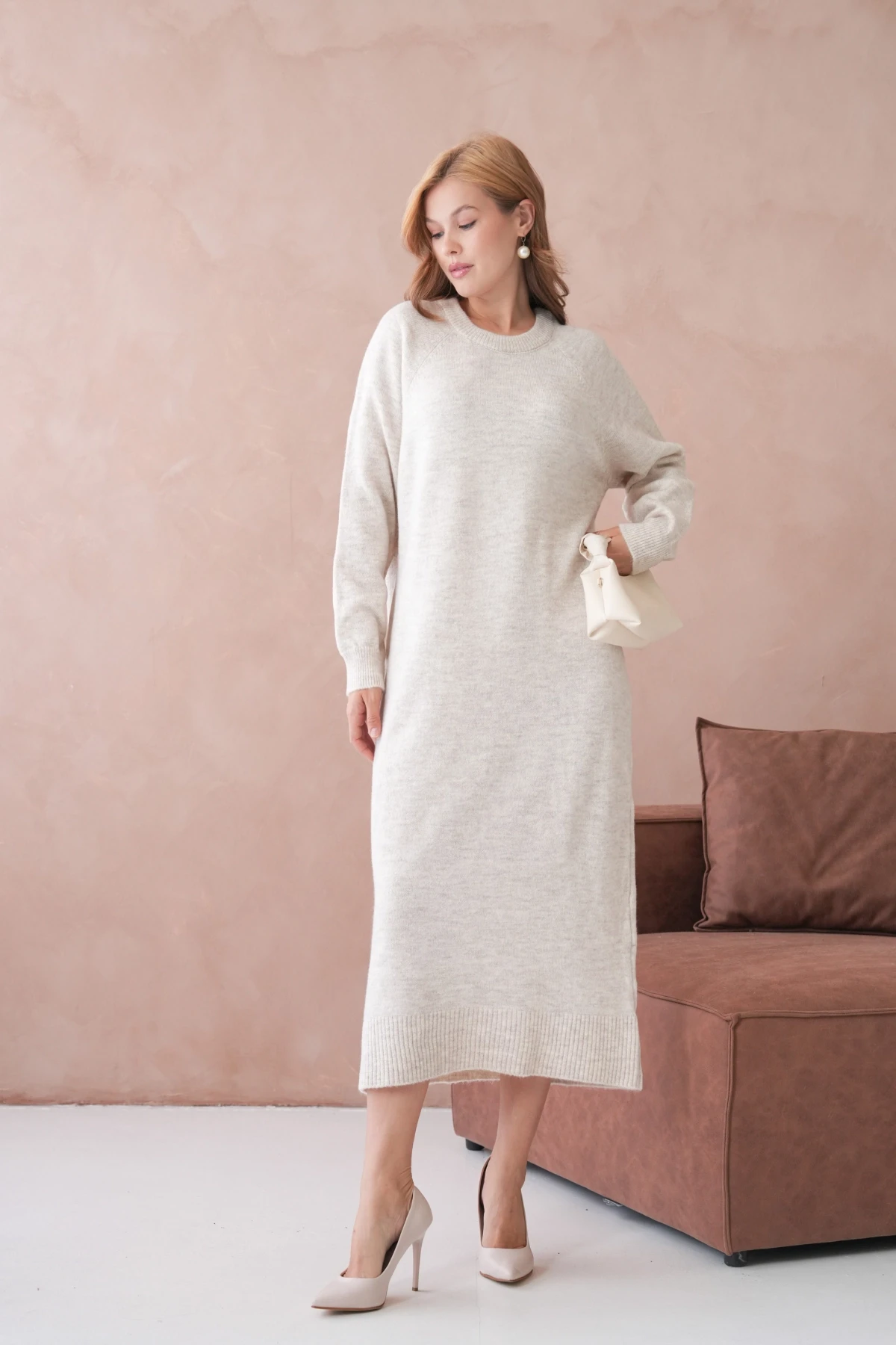 Kadın Bisiklet Yaka Yumuşak Dokulu Maksi Boy Şardonlu Oversize Triko Elbise 8324Sw