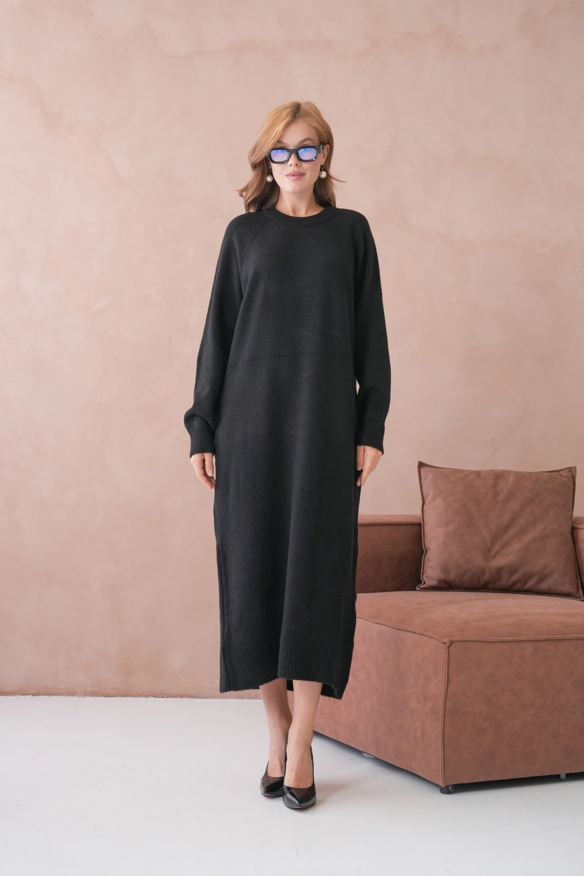 Kadın Bisiklet Yaka Yumuşak Dokulu Maksi Boy Şardonlu Oversize Triko Elbise 8324Sw