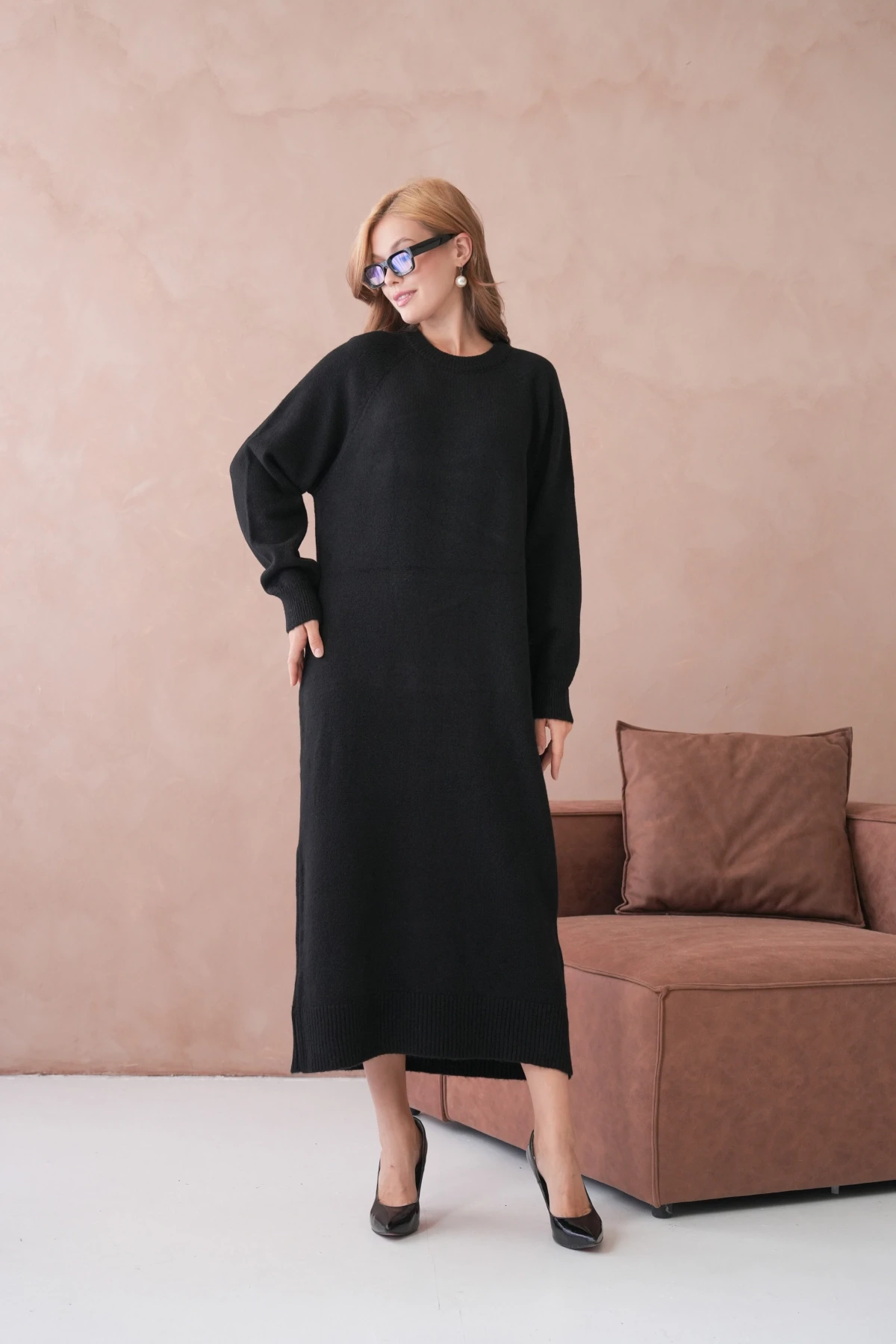 Kadın Bisiklet Yaka Yumuşak Dokulu Maksi Boy Şardonlu Oversize Triko Elbise 8324Sw