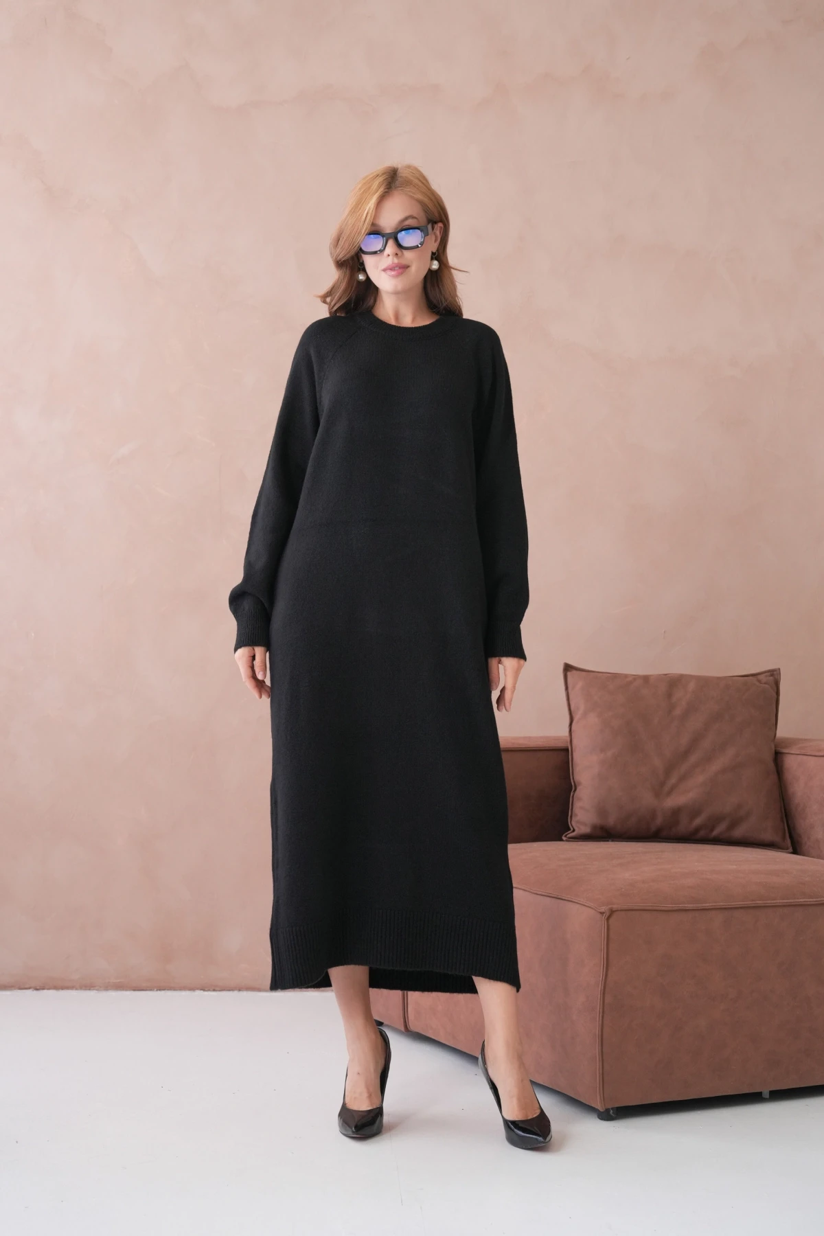 Kadın Bisiklet Yaka Yumuşak Dokulu Maksi Boy Şardonlu Oversize Triko Elbise 8324Sw