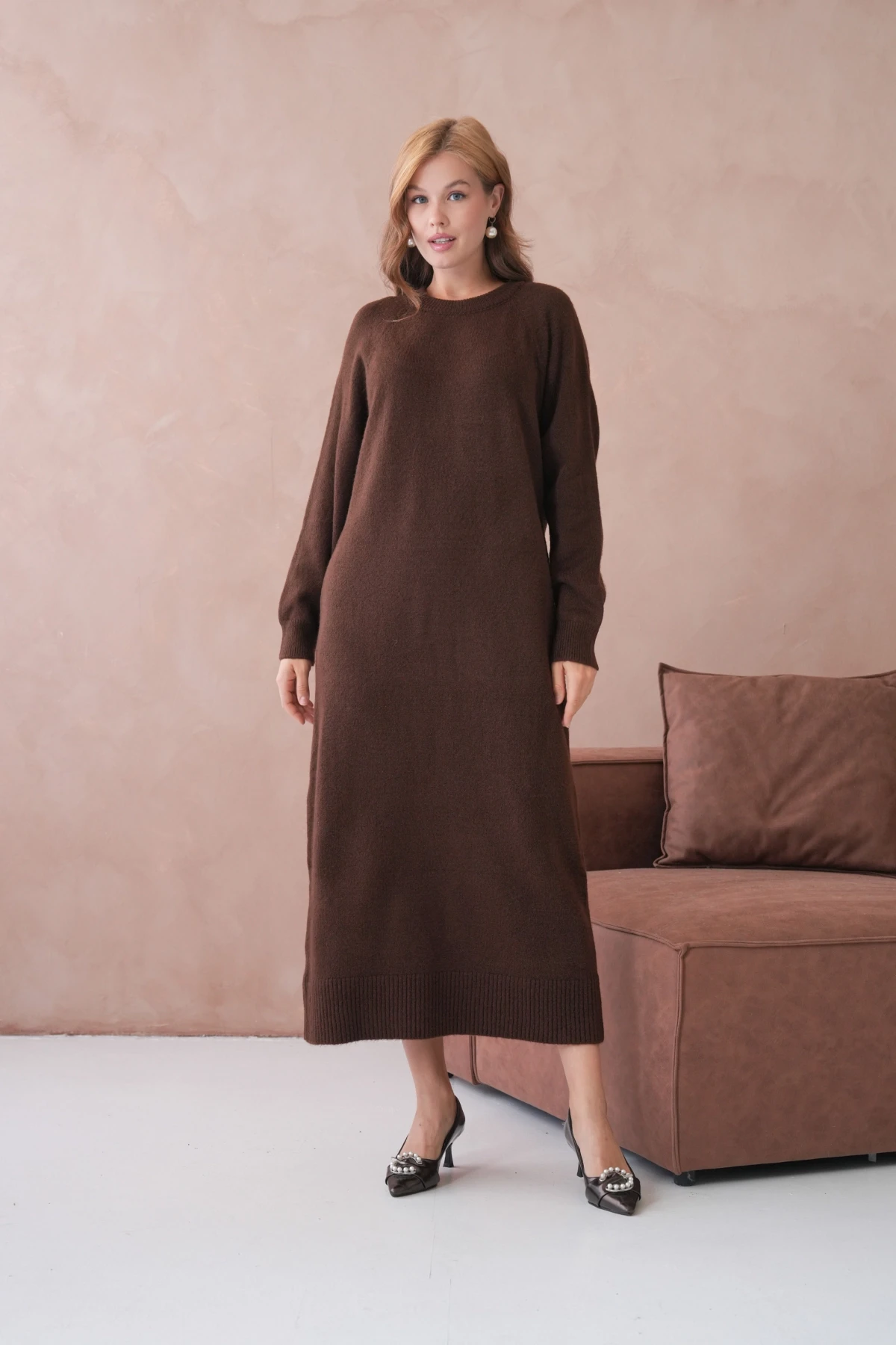 Kadın Bisiklet Yaka Yumuşak Dokulu Maksi Boy Şardonlu Oversize Triko Elbise 8324Sw