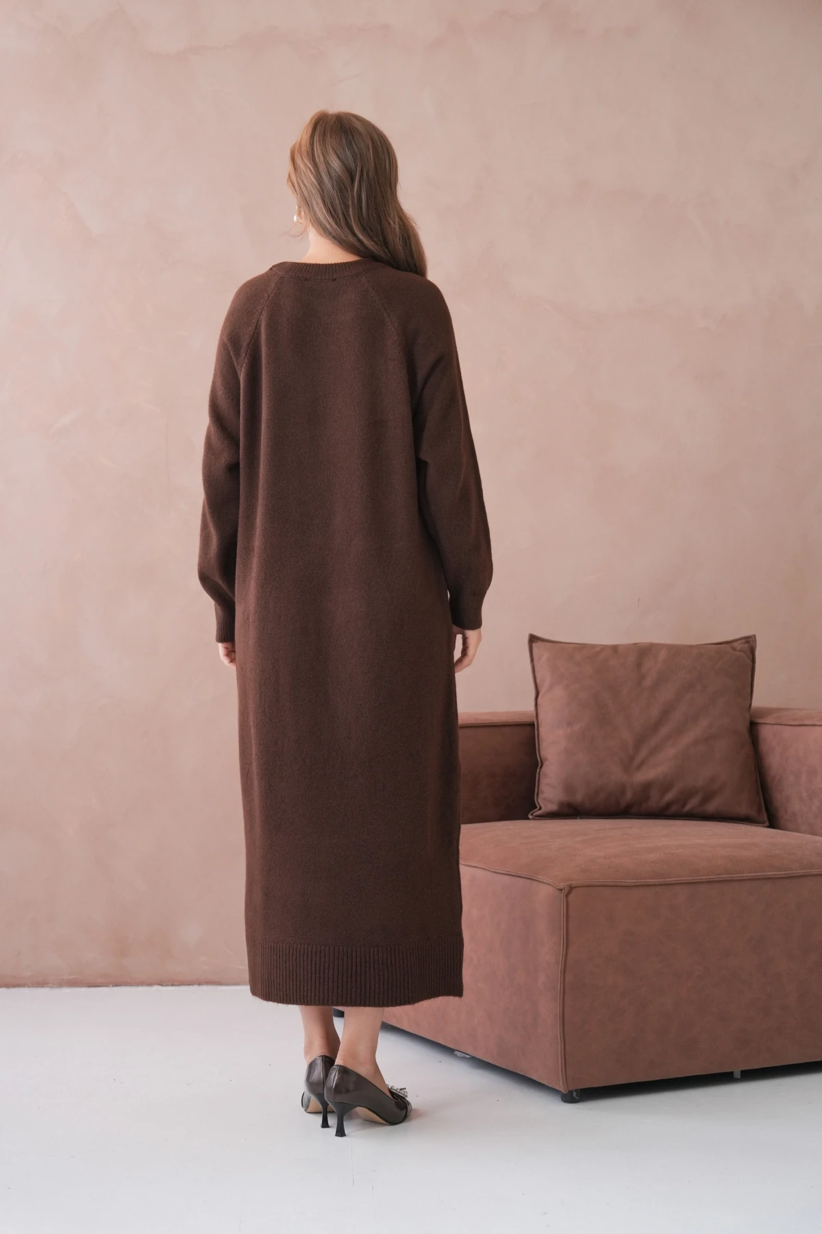 Kadın Bisiklet Yaka Yumuşak Dokulu Maksi Boy Şardonlu Oversize Triko Elbise 8324Sw