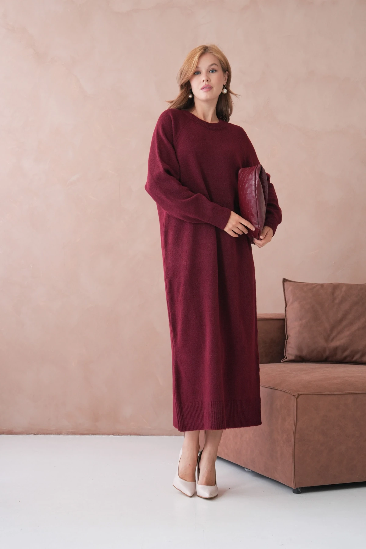 Kadın Bisiklet Yaka Yumuşak Dokulu Maksi Boy Şardonlu Oversize Triko Elbise 8324Sw