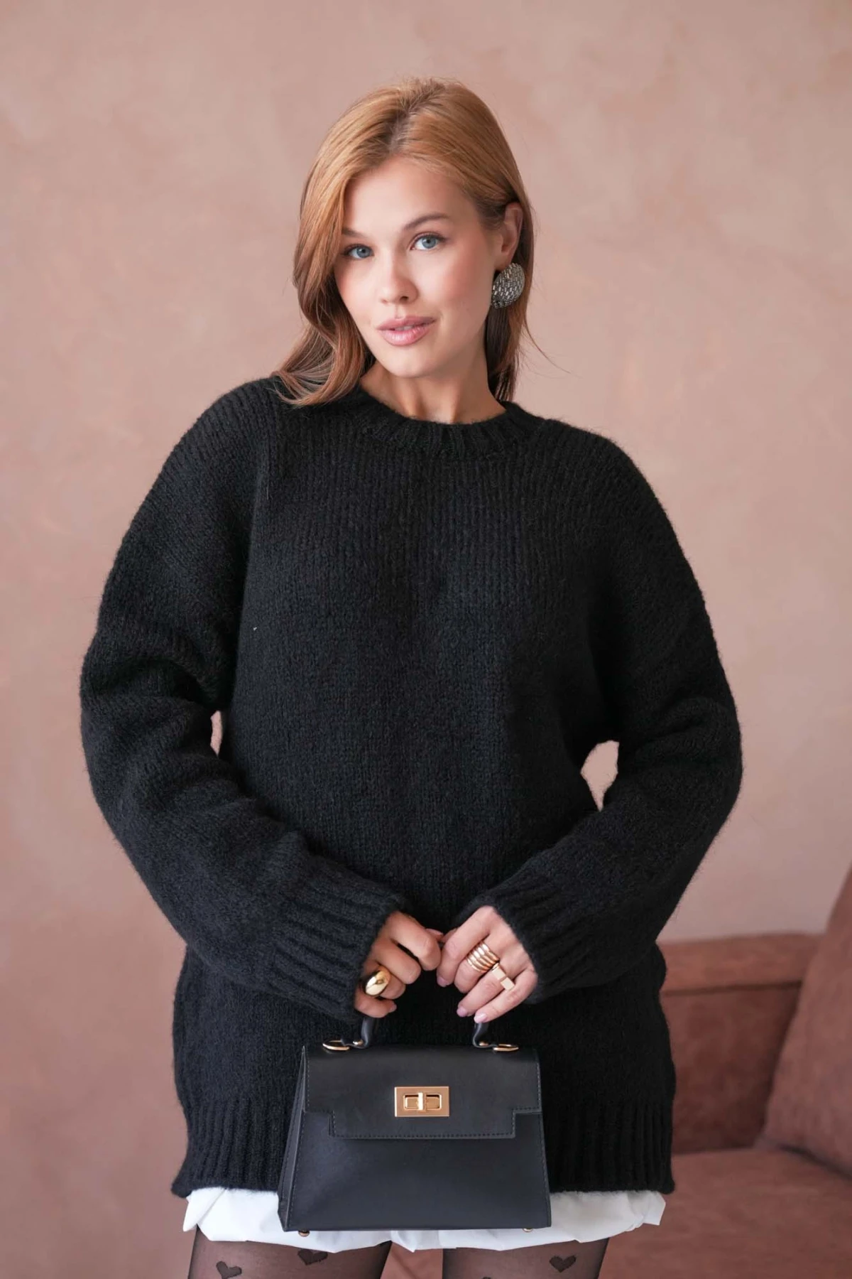 Kadın Bisiklet Yaka Yumuşak Dokulu Oversize Triko Kazak 3032