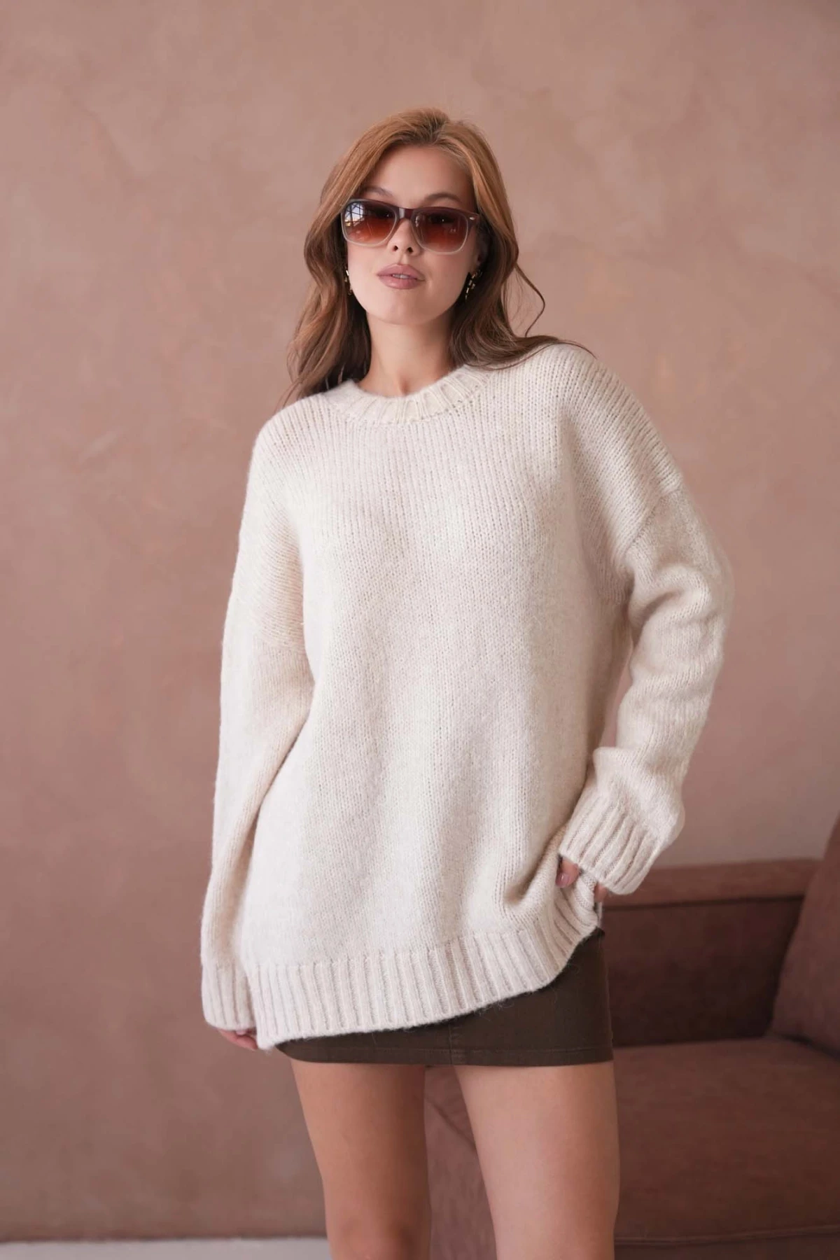 Kadın Bisiklet Yaka Yumuşak Dokulu Oversize Triko Kazak 3032