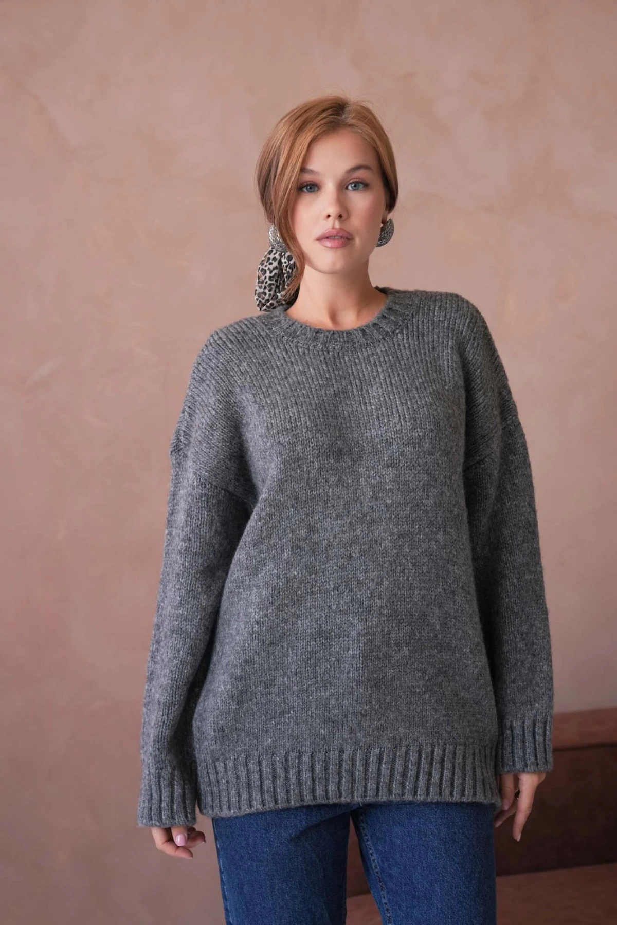 Kadın Bisiklet Yaka Yumuşak Dokulu Oversize Triko Kazak 3032