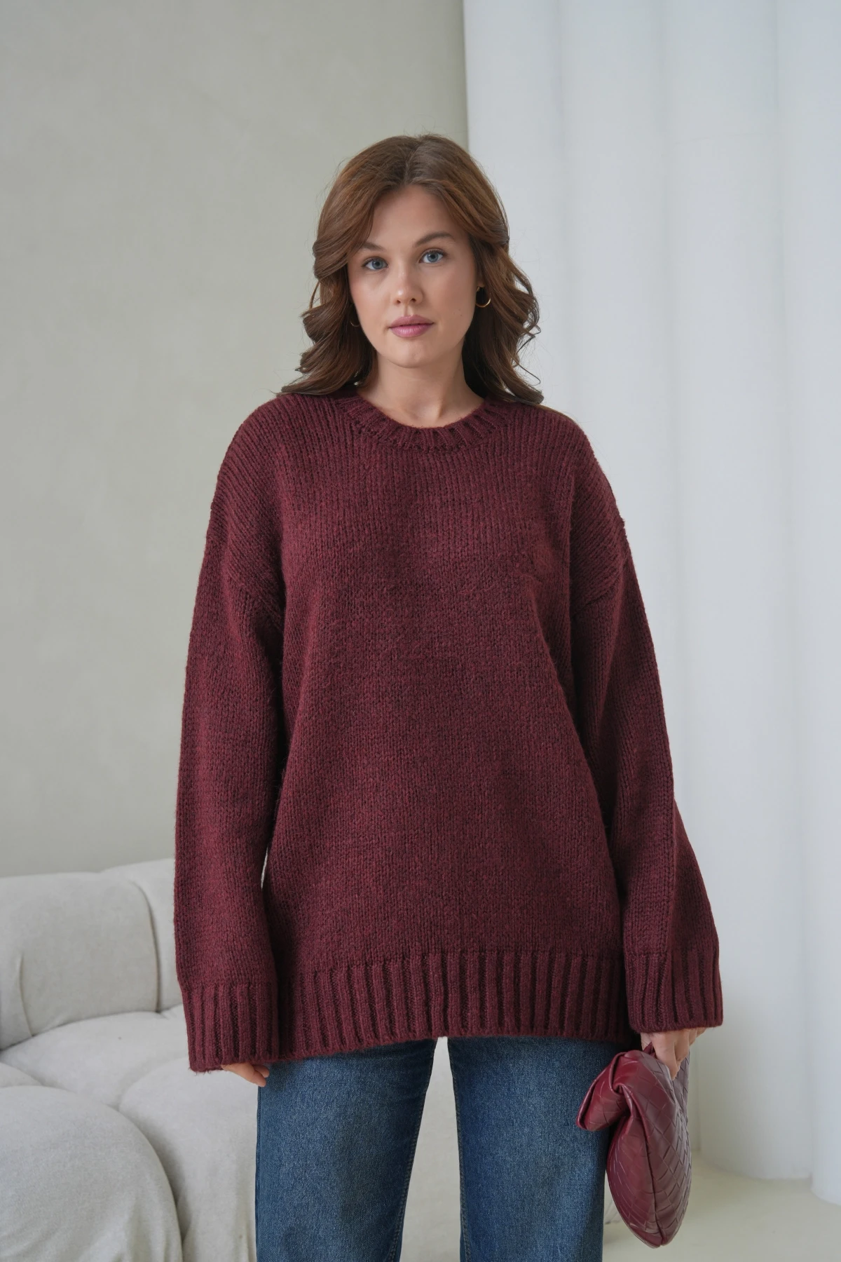 Kadın Bisiklet Yaka Yumuşak Dokulu Oversize Triko Kazak 3032