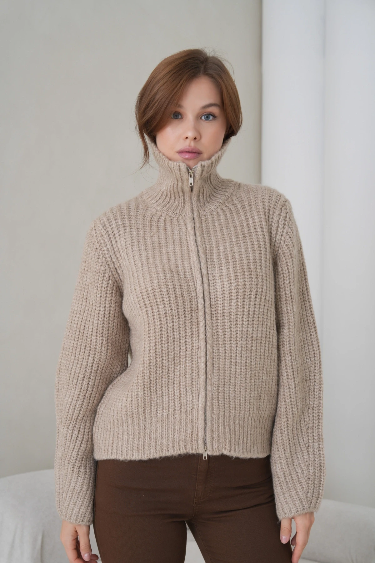 Kadın Devrik Yaka Fermuar Kapama Fitilli Triko Ceket