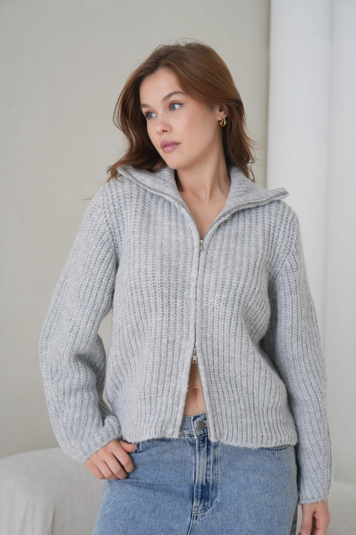 Kadın Devrik Yaka Fermuar Kapama Fitilli Triko Ceket