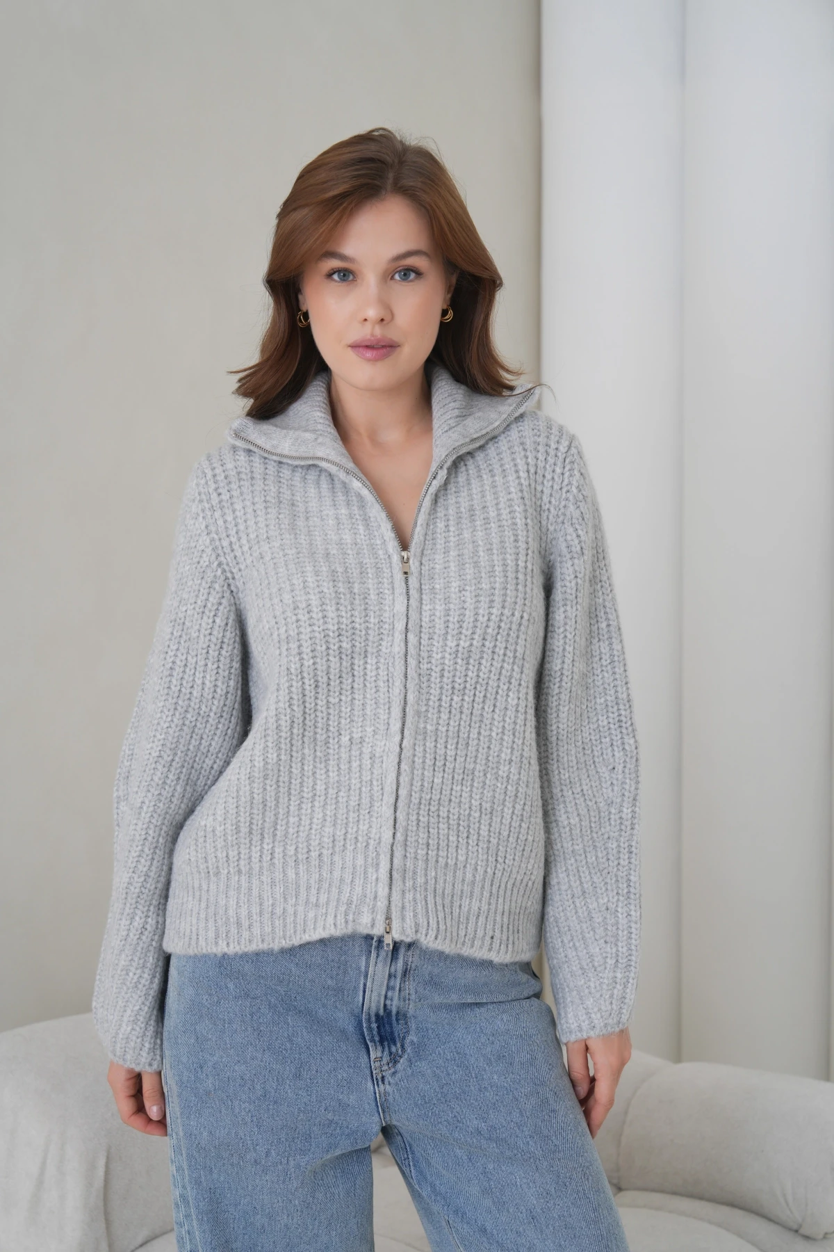 Kadın Devrik Yaka Fermuar Kapama Fitilli Triko Ceket