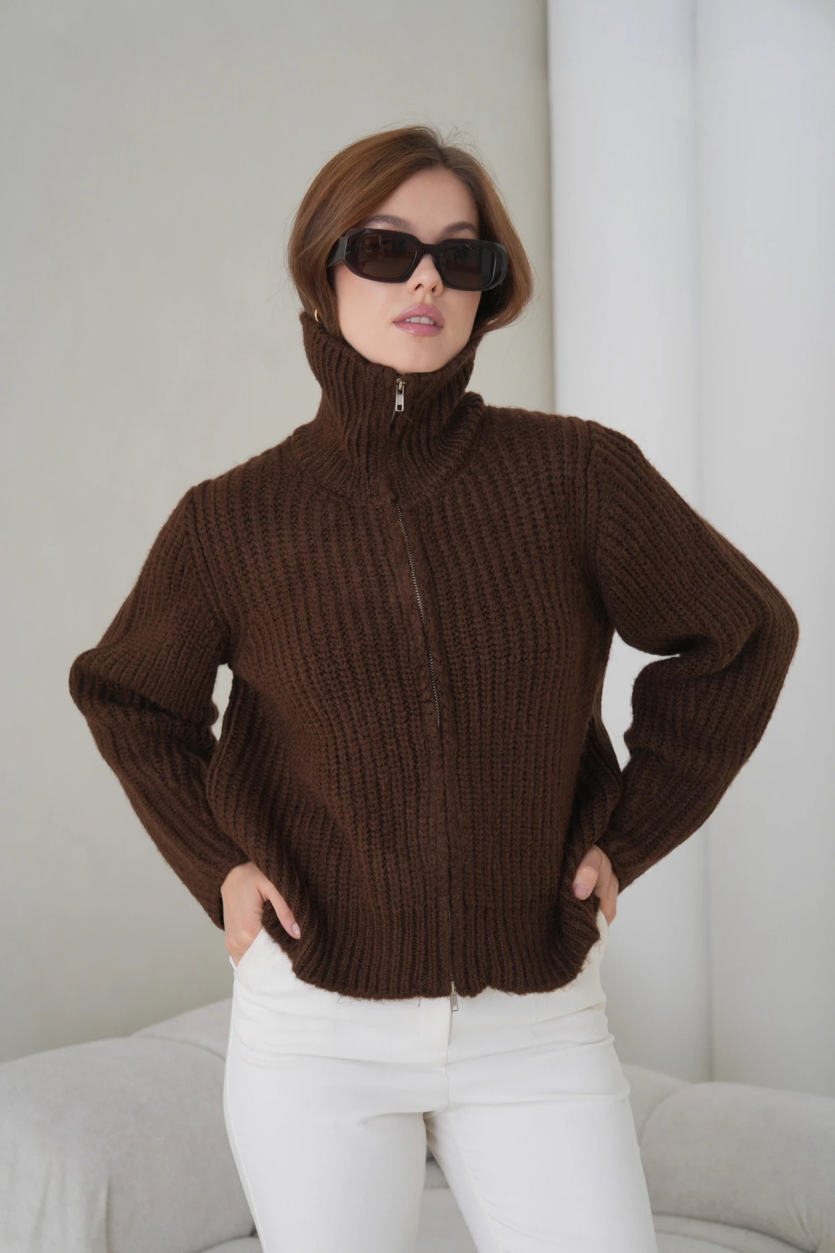 Kadın Devrik Yaka Fermuar Kapama Fitilli Triko Ceket