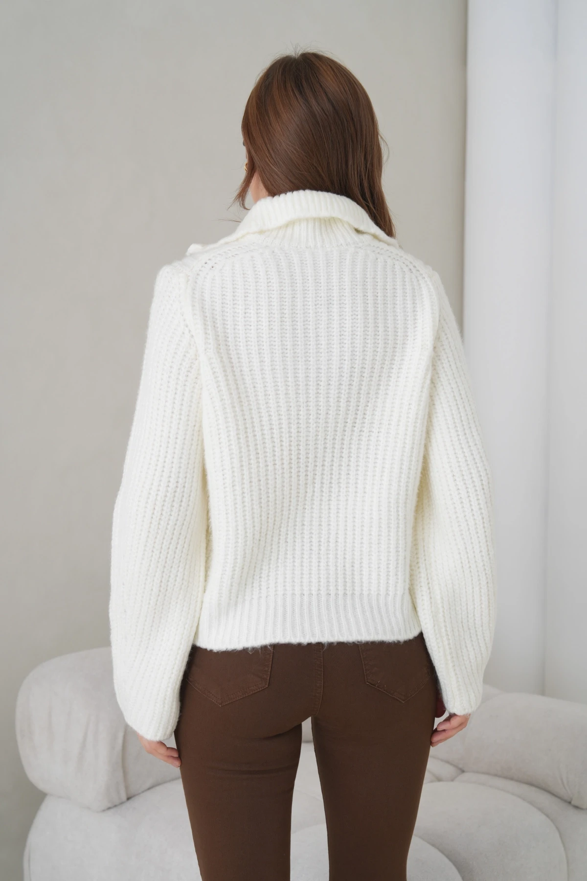 Kadın Devrik Yaka Fermuar Kapama Fitilli Triko Ceket