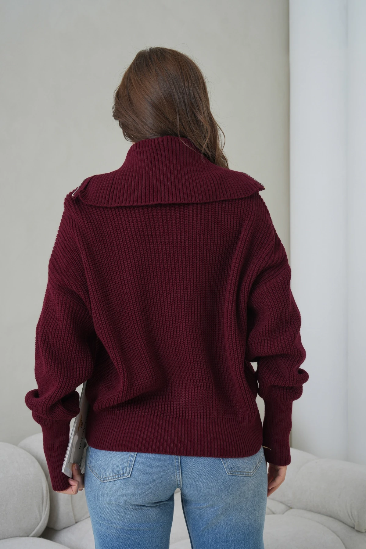 Kadın Devrik Yaka Ful Fermuar Kapama Oversize Triko Ceket