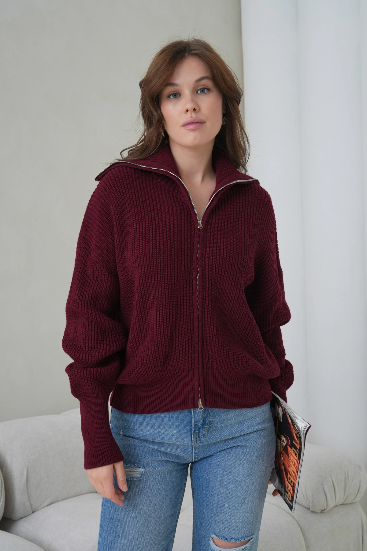 Kadın Devrik Yaka Ful Fermuar Kapama Oversize Triko Ceket