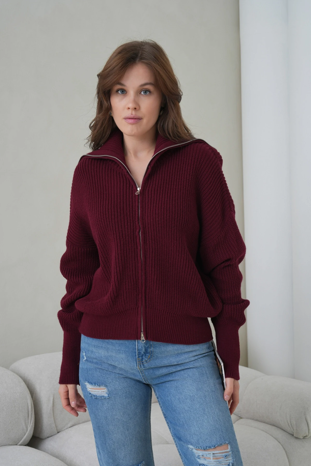 Kadın Devrik Yaka Ful Fermuar Kapama Oversize Triko Ceket