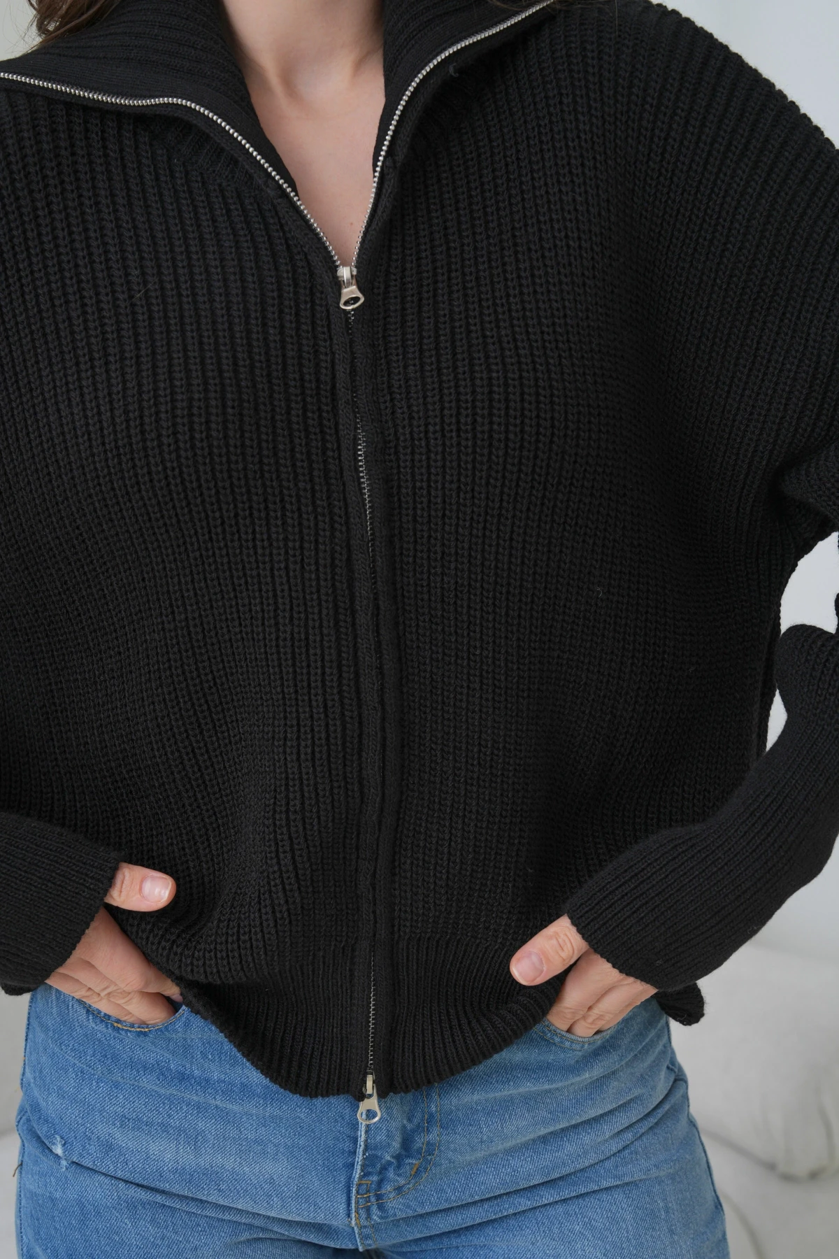 Kadın Devrik Yaka Ful Fermuar Kapama Oversize Triko Ceket