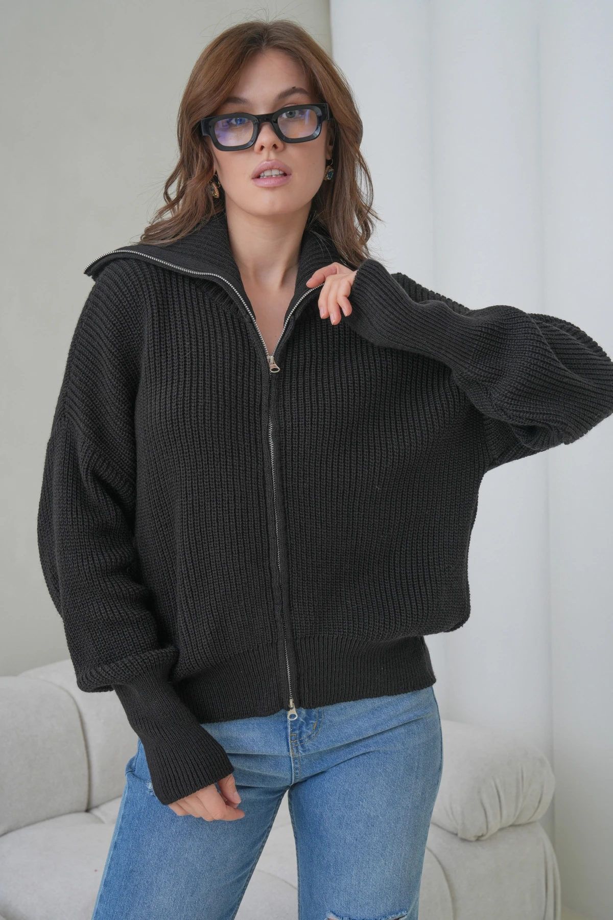 Kadın Devrik Yaka Ful Fermuar Kapama Oversize Triko Ceket