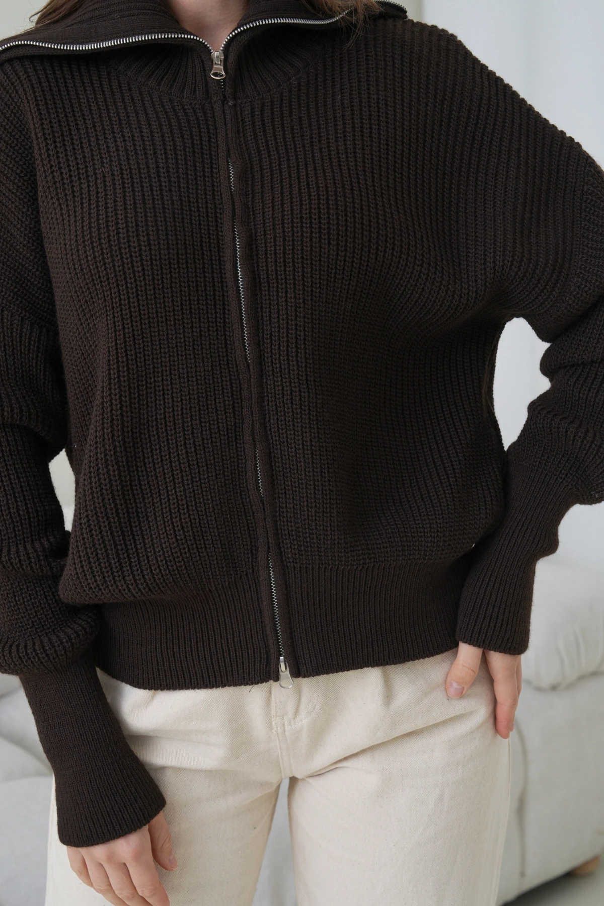 Kadın Devrik Yaka Ful Fermuar Kapama Oversize Triko Ceket