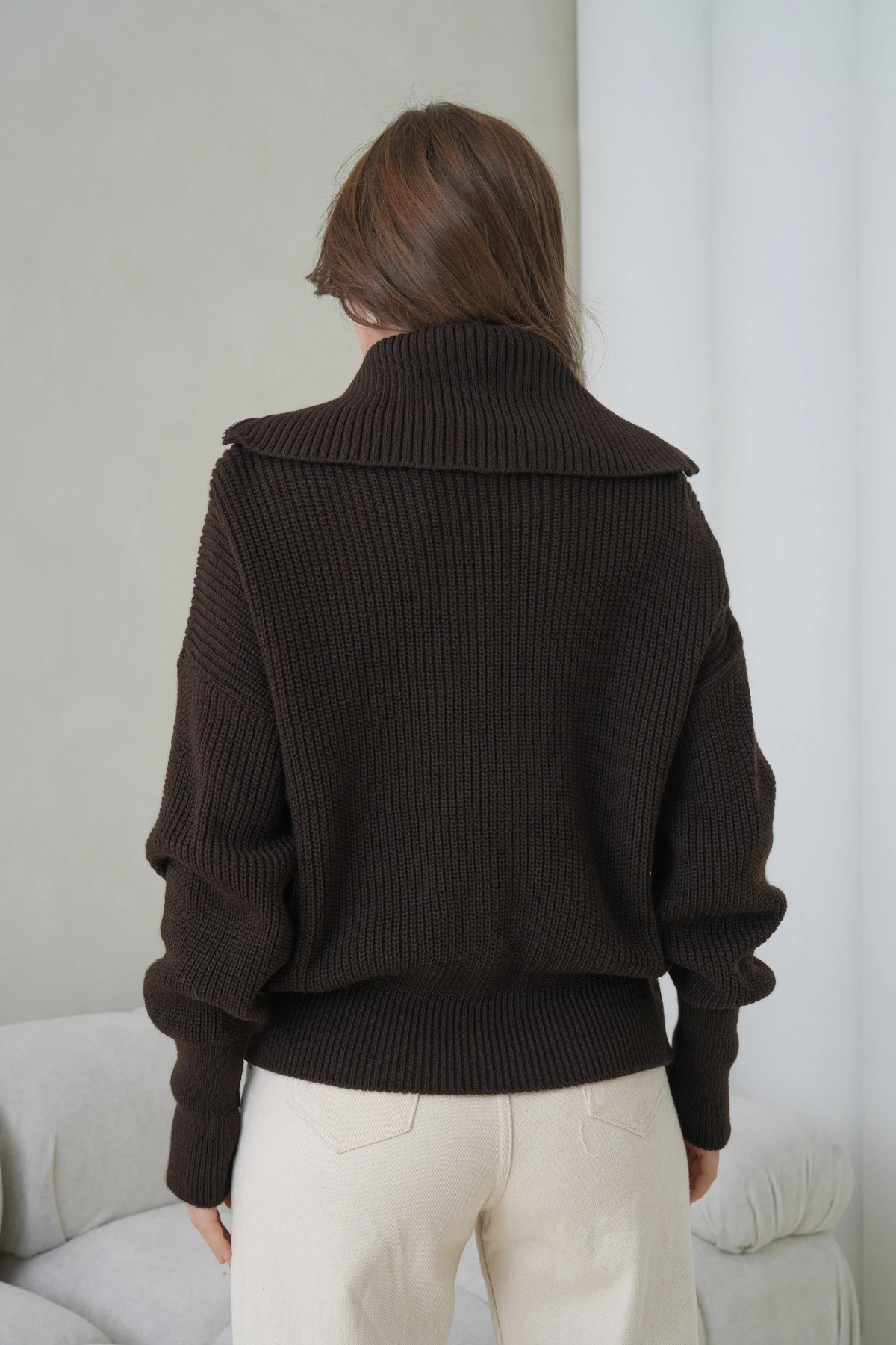 Kadın Devrik Yaka Ful Fermuar Kapama Oversize Triko Ceket