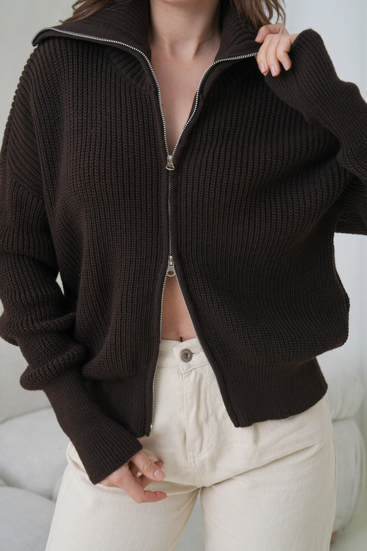 Kadın Devrik Yaka Ful Fermuar Kapama Oversize Triko Ceket