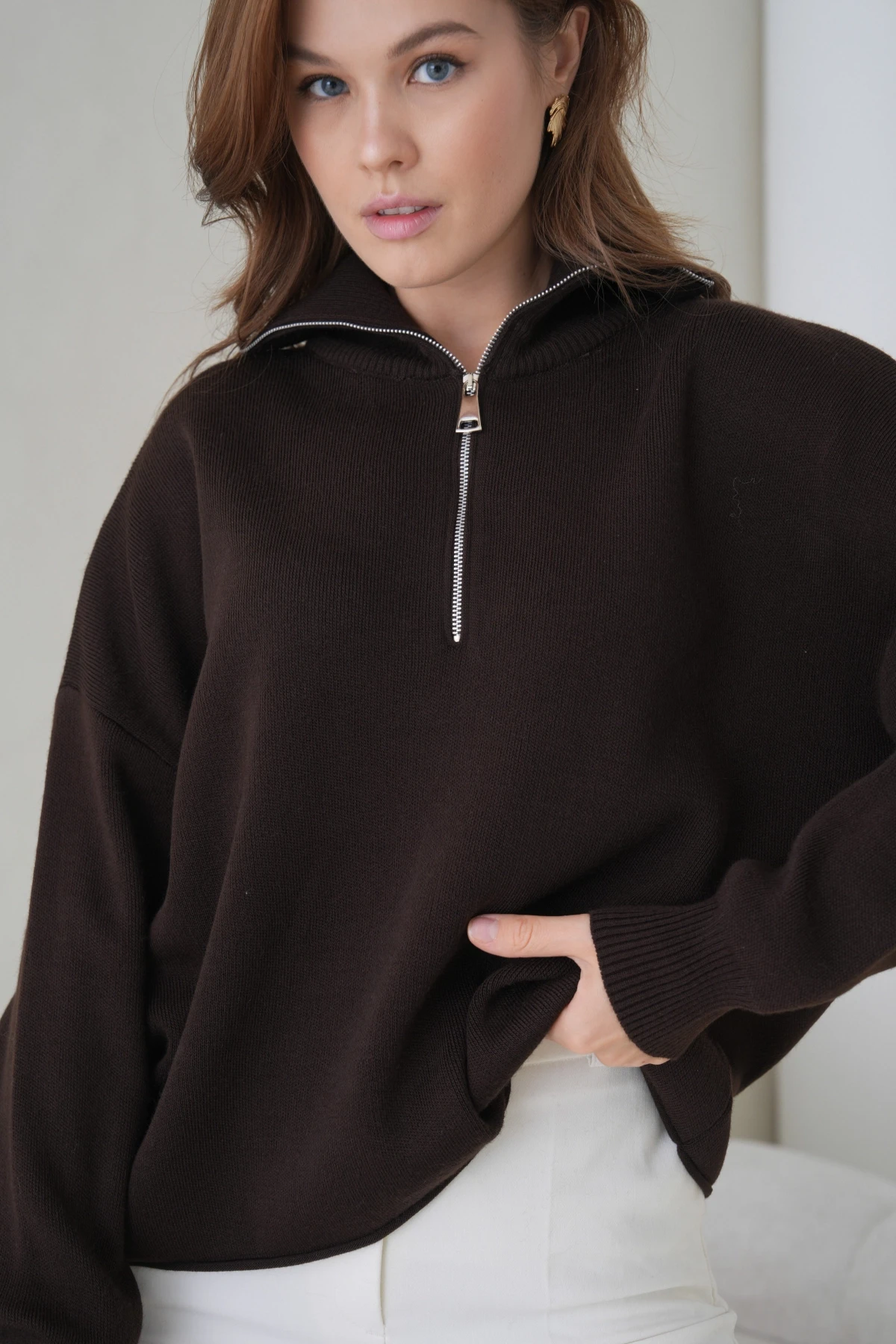 Kadın Devrik Yaka Yarım Pat Fermuar Oversize Triko Kazak 12374