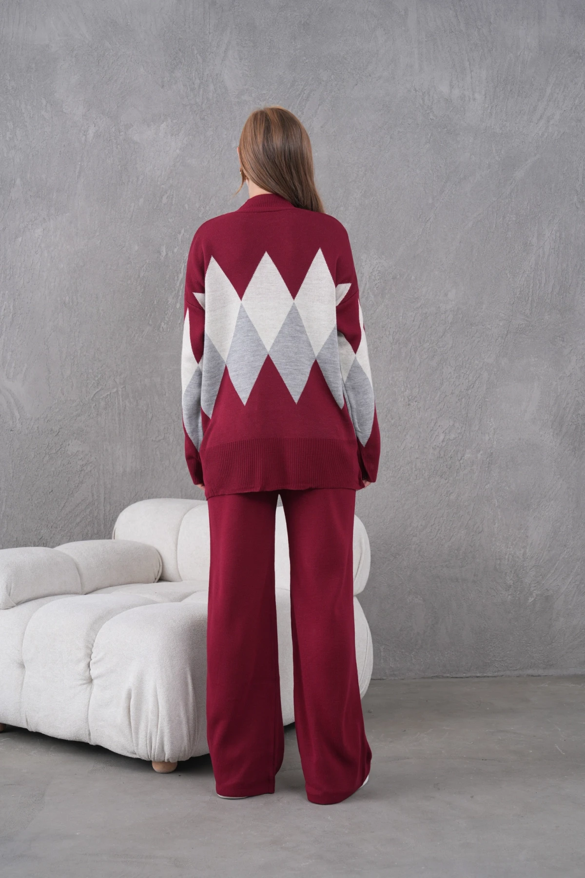 Kadın Dik Yaka Desenli Yırtmaçlı Kazak Pantolon İkil Triko Takım