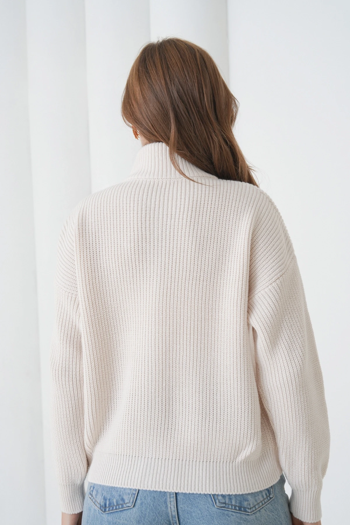 Kadın Dik Yaka Fermuar Kapama Oversize Triko Hırka 