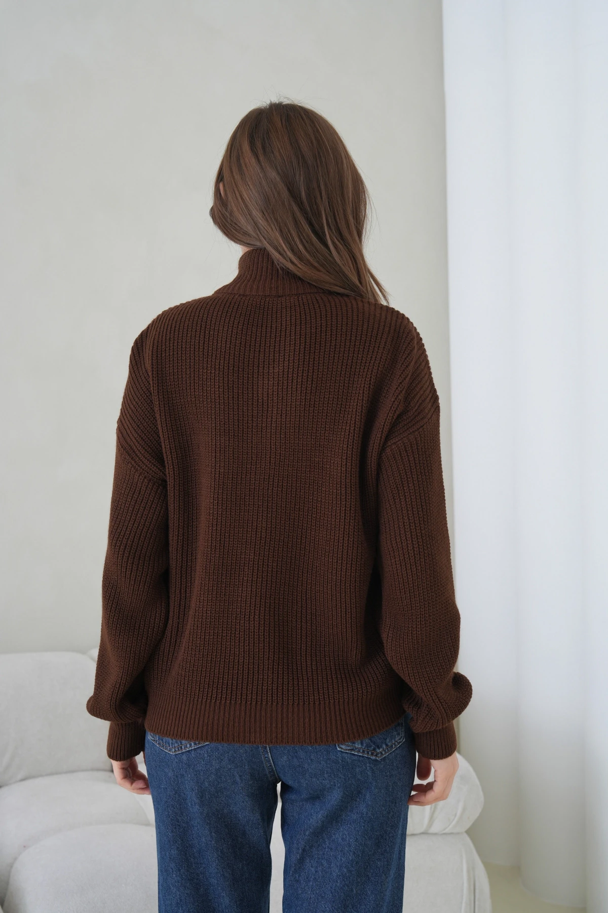 Kadın Dik Yaka Fermuar Kapama Oversize Triko Hırka 