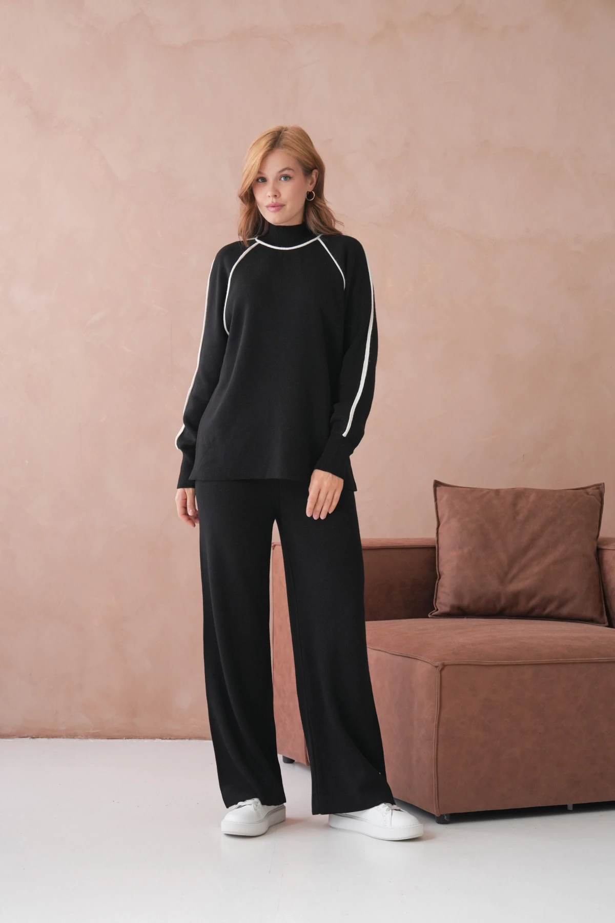 Kadın Dik Yaka Kazak Pantolon İkili Triko Takım