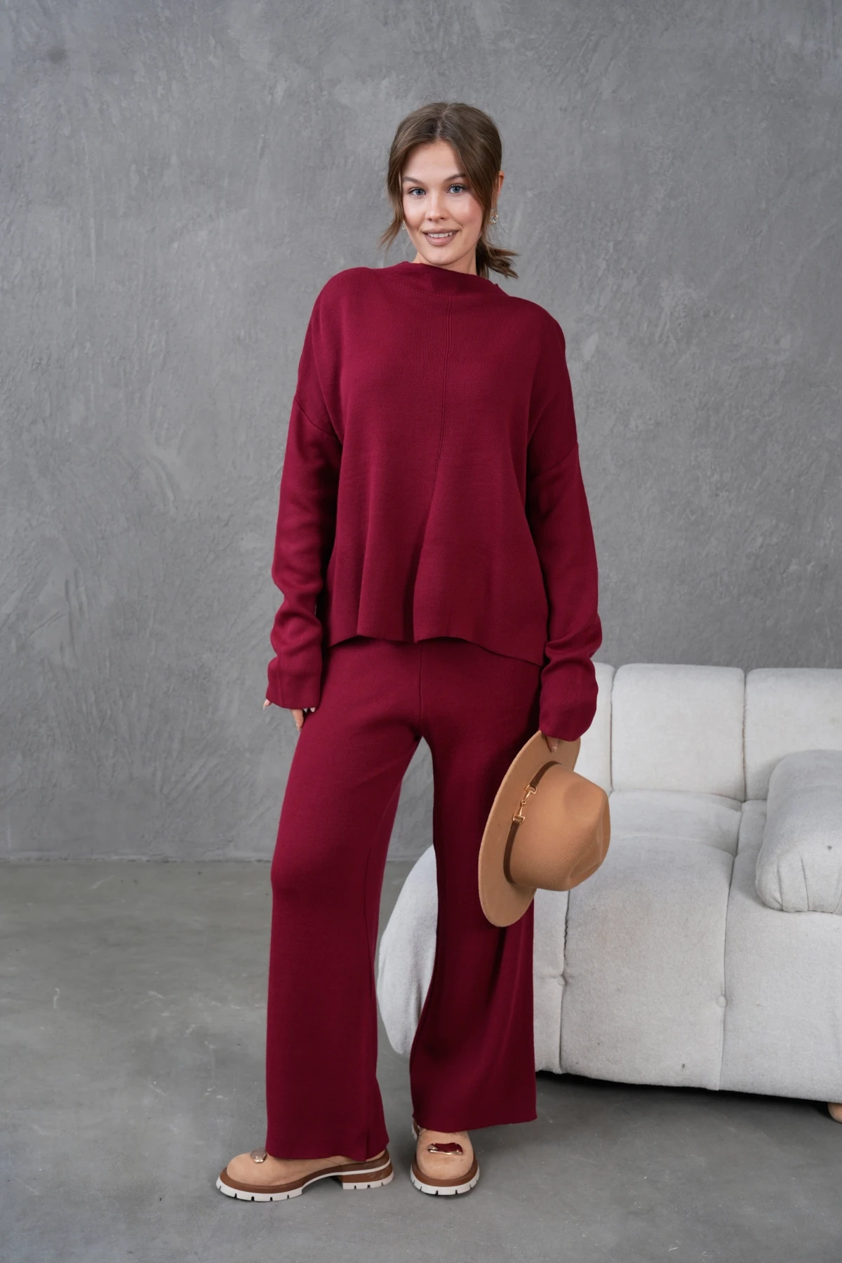 Kadın Dik Yaka Kazak Pantolon İkili Triko Takım