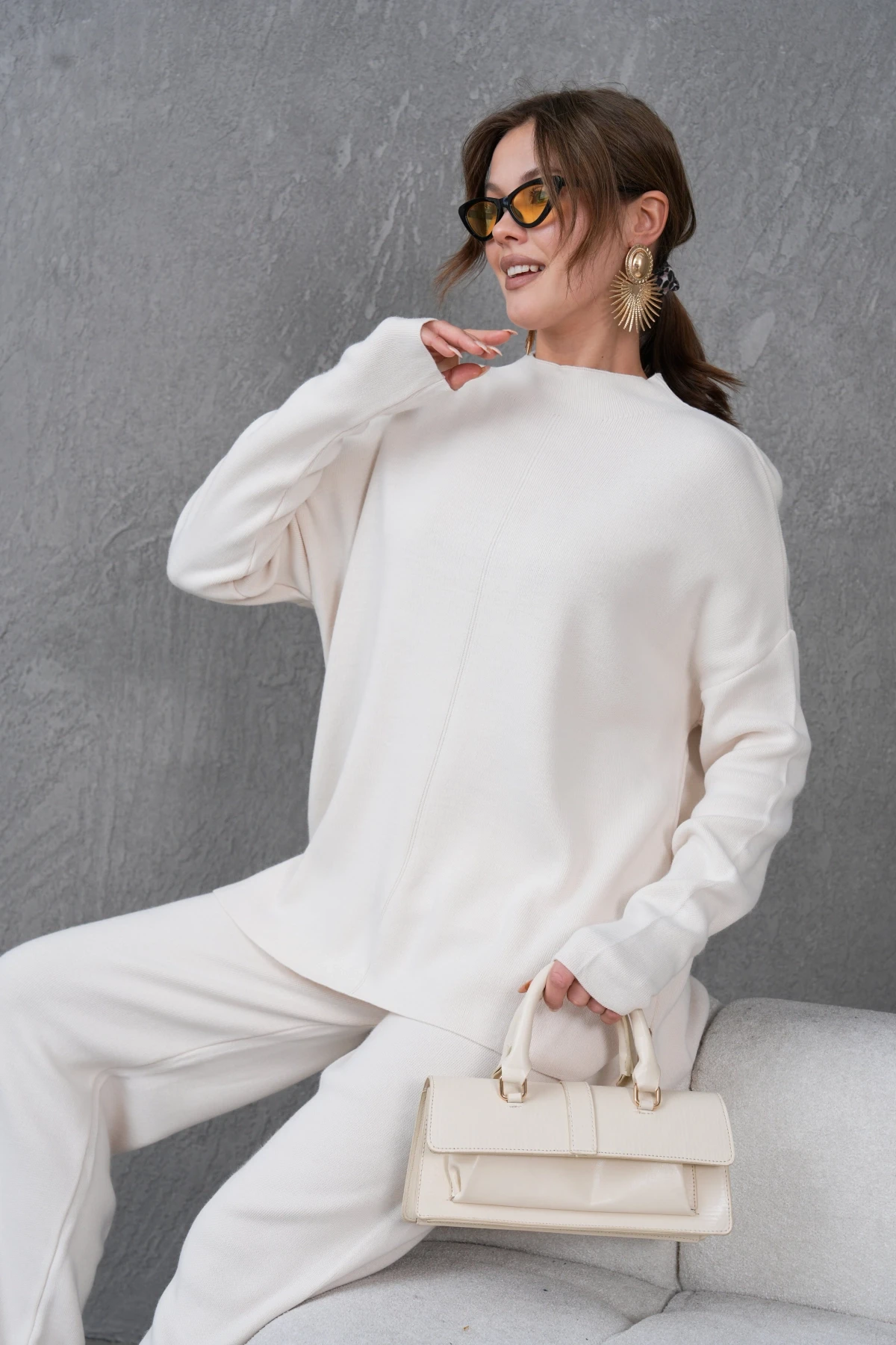 Kadın Dik Yaka Kazak Pantolon İkili Triko Takım