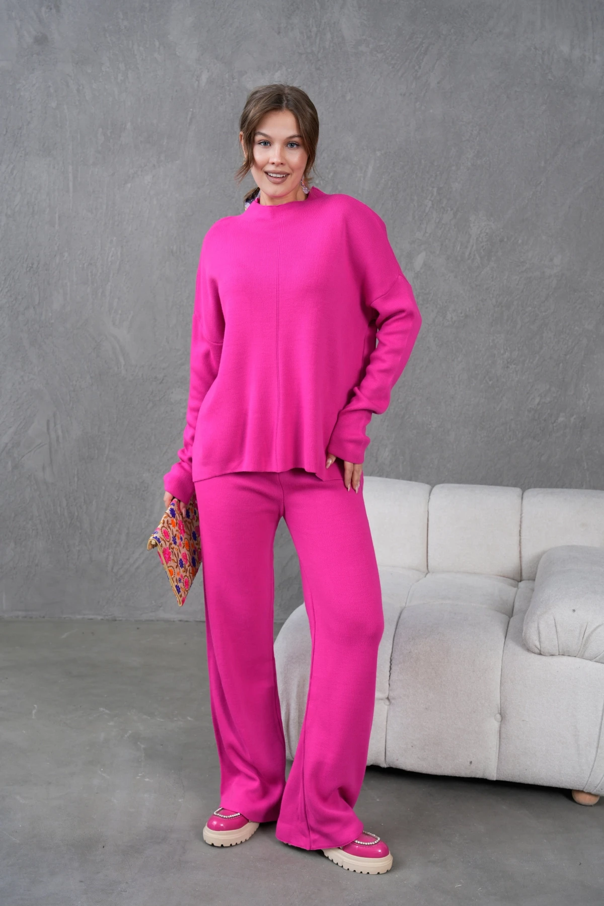 Kadın Dik Yaka Kazak Pantolon İkili Triko Takım