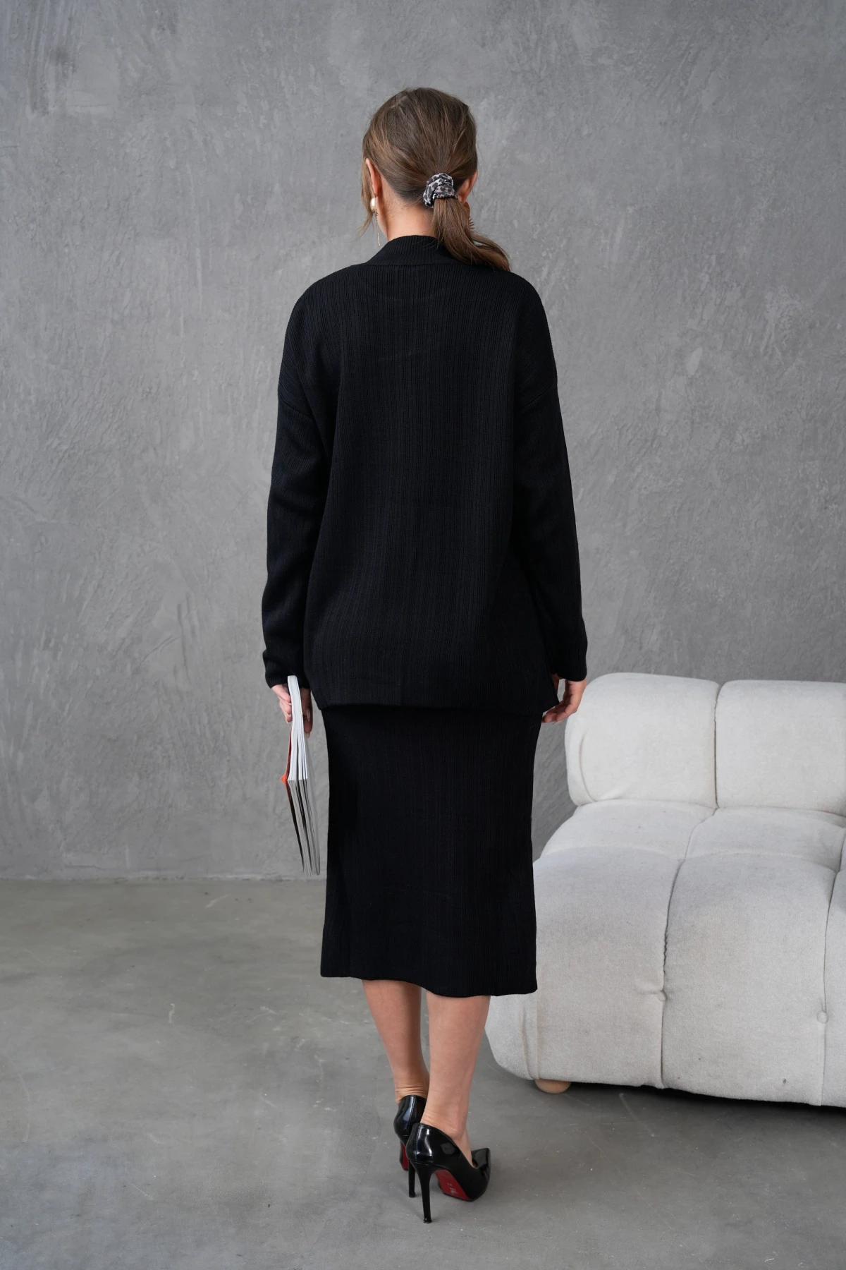 Kadın Dik Yaka Kazak Yırtmaçlı Uzun Etek İkili Triko Takım