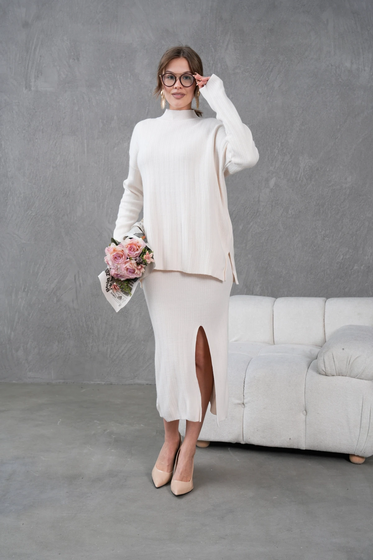 Kadın Dik Yaka Kazak Yırtmaçlı Uzun Etek İkili Triko Takım