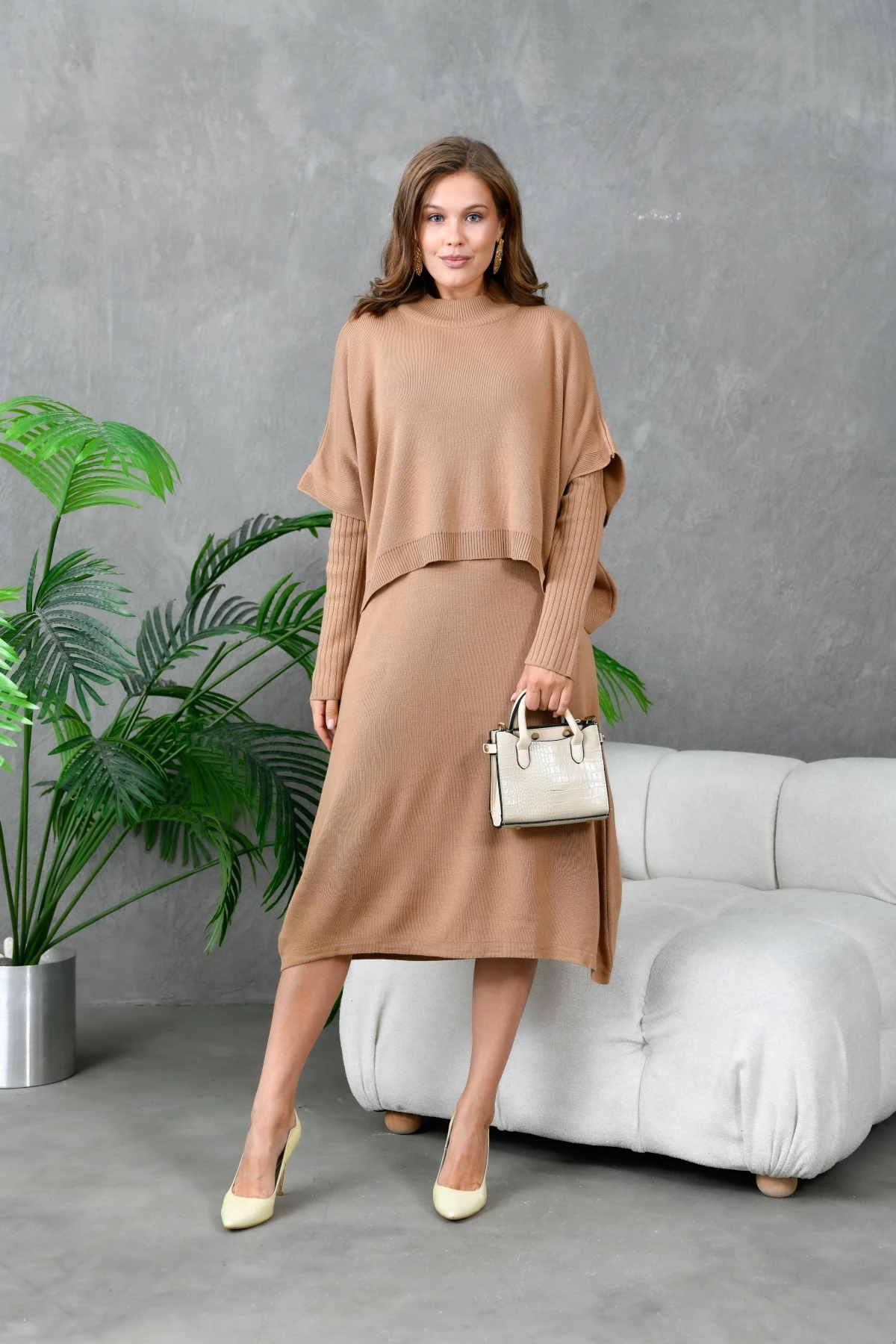 Kadın Dik Yaka Kısa Kol Kazak Uzun Elbise İkili Triko Takım