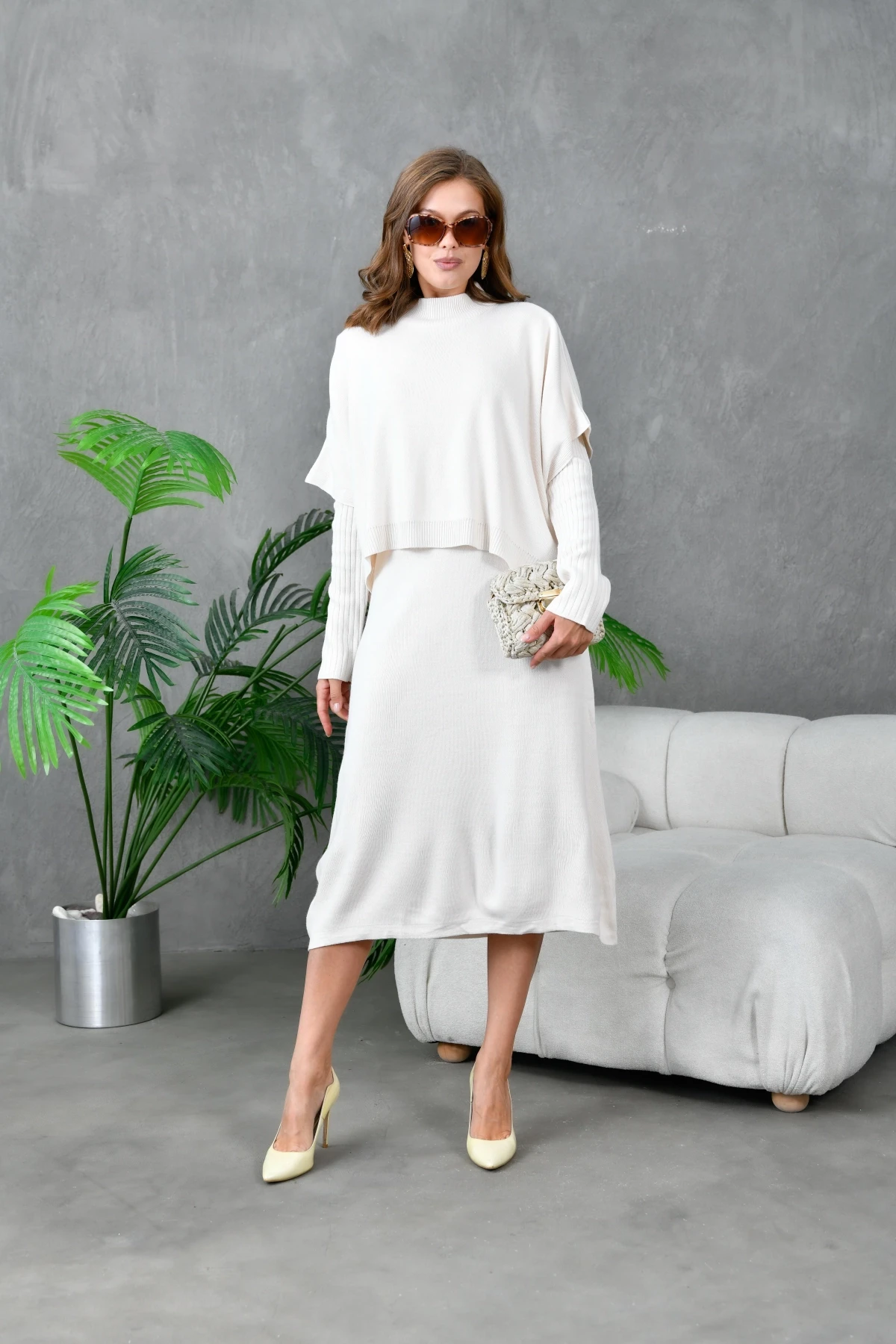 Kadın Dik Yaka Kısa Kol Kazak Uzun Elbise İkili Triko Takım