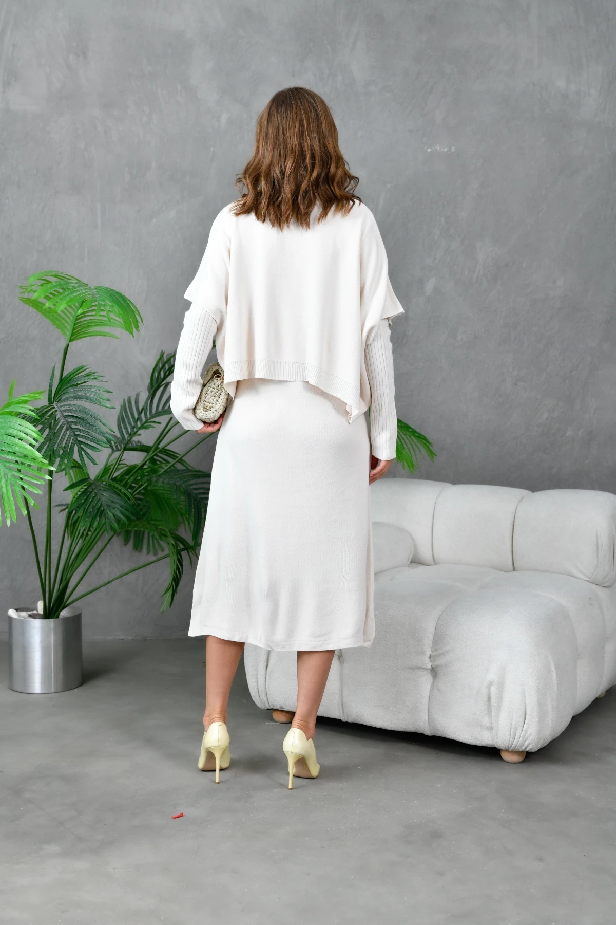 Kadın Dik Yaka Kısa Kol Kazak Uzun Elbise İkili Triko Takım