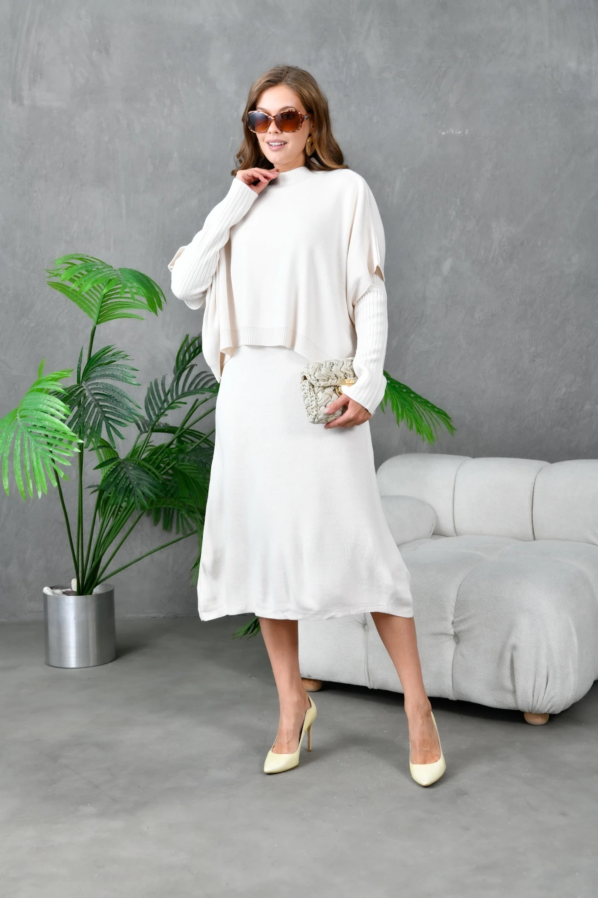 Kadın Dik Yaka Kısa Kol Kazak Uzun Elbise İkili Triko Takım