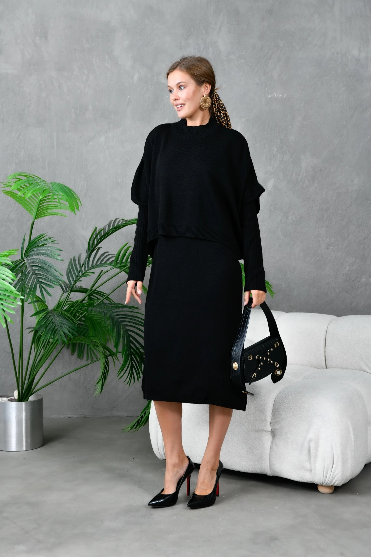 Kadın Dik Yaka Kısa Kol Kazak Uzun Elbise İkili Triko Takım